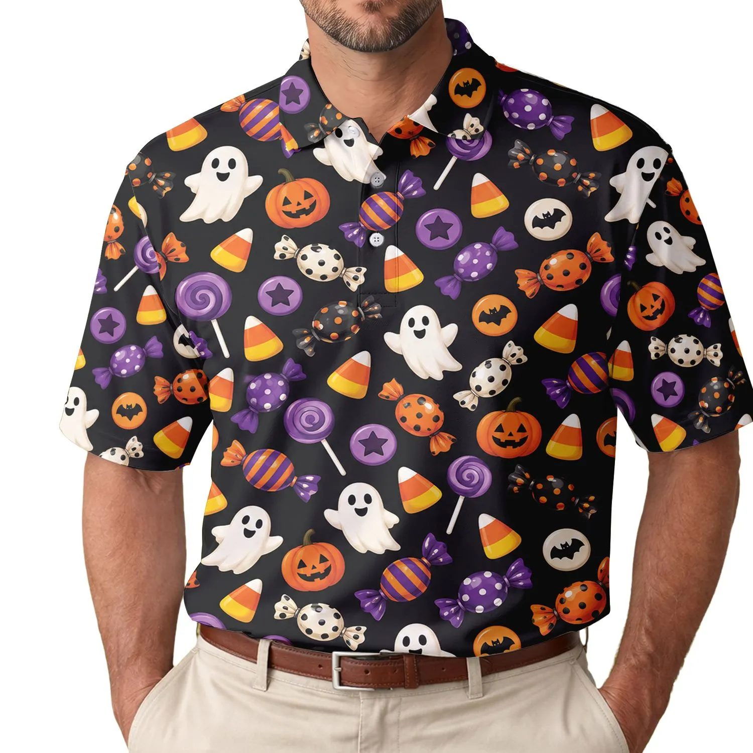 Halloween Candy Corn Ghosts for Spooky Fall Parties and Autumn Golf Days for Adults Men's Polo Shirt - 1
