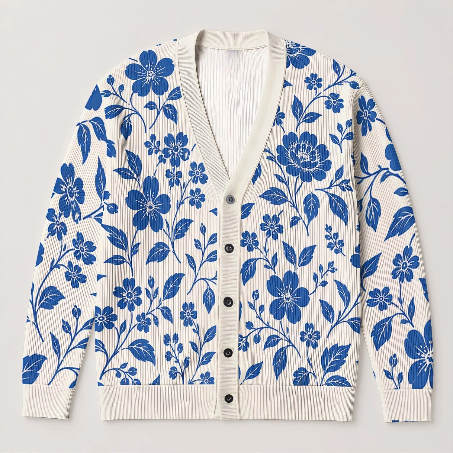 Cobalt Blue Floral Blooms For Everyday Layering And Elegant Fall Outfits For Women All-over Print Knitted Cardigan - 1