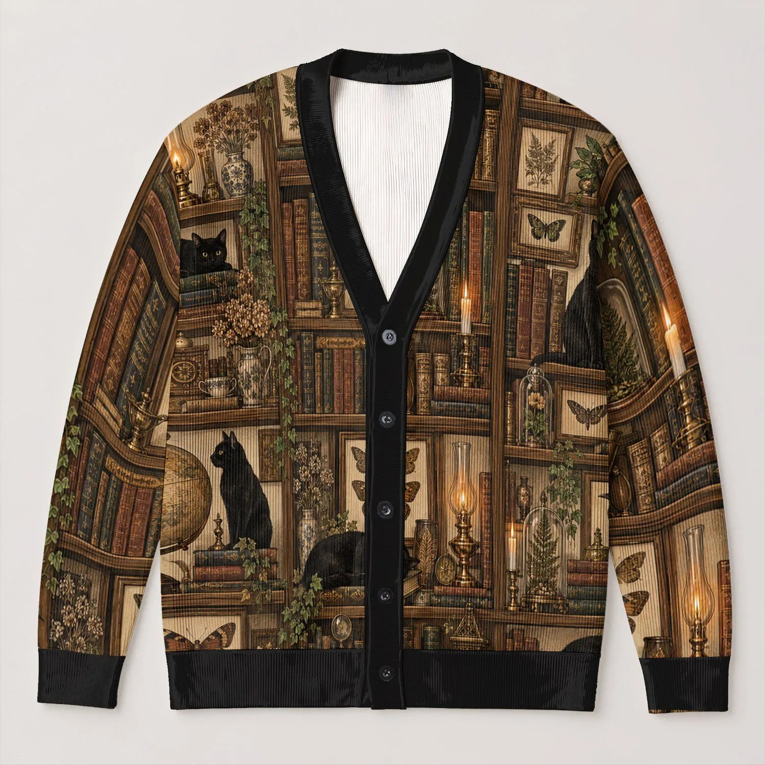 Black Cat Bookshelf Vintage Academic Style For Autumn Reading And Casual Layering All-over Print Knitted Cardigan - 1