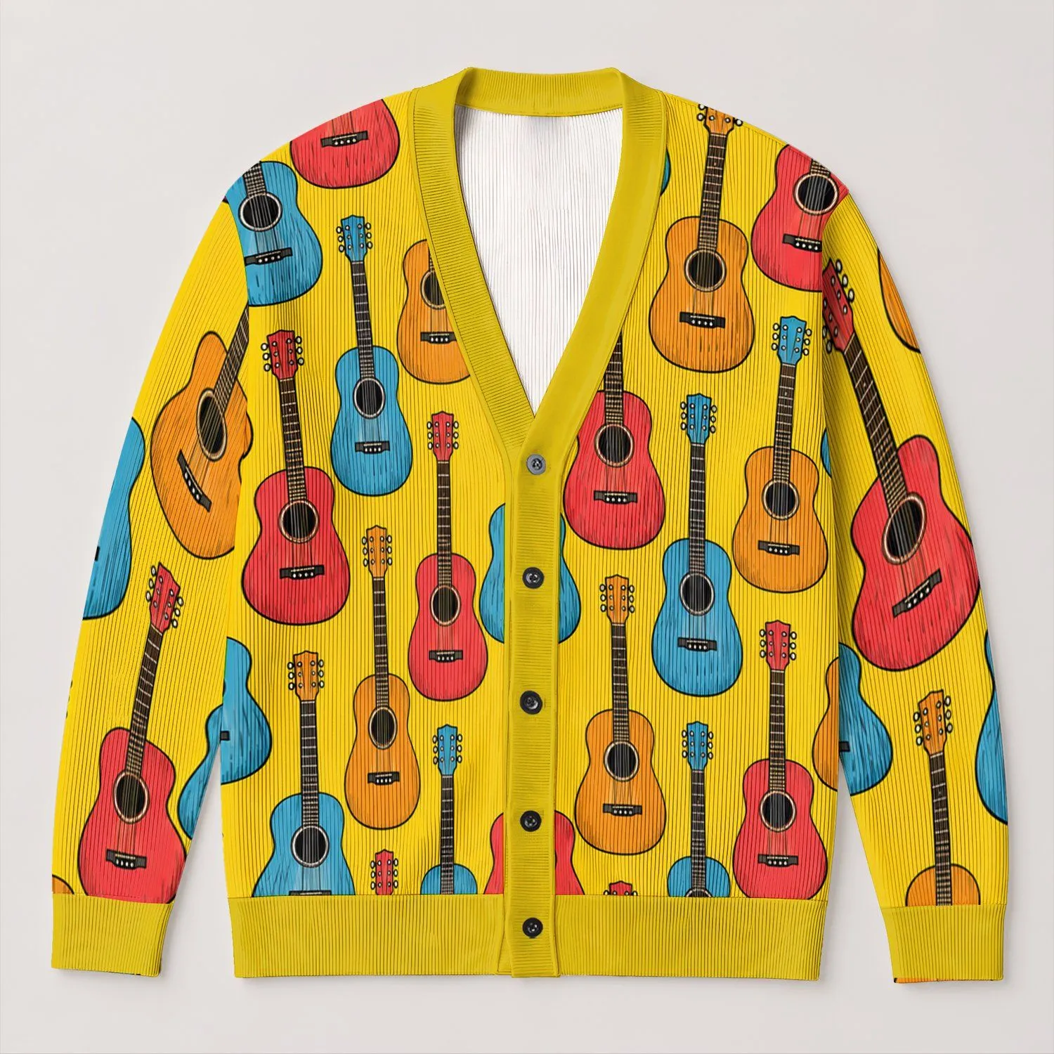 Colorful Guitar Motifs for Music Lovers and Casual Holiday Outings, Vibrant Style All-over Print Knitted Cardigan - 1