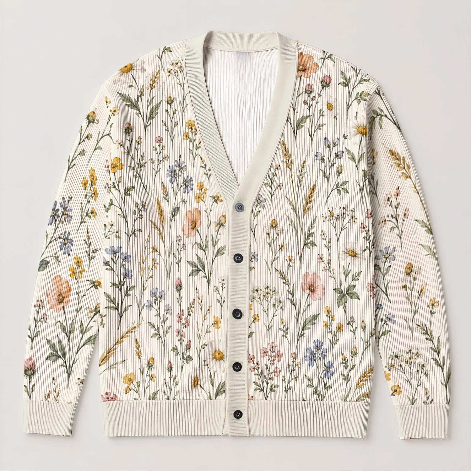 Watercolor Meadow Wildflowers For Relaxed Everyday Layering And Bohemian Weekend Style All-over Print Knitted Cardigan - 1