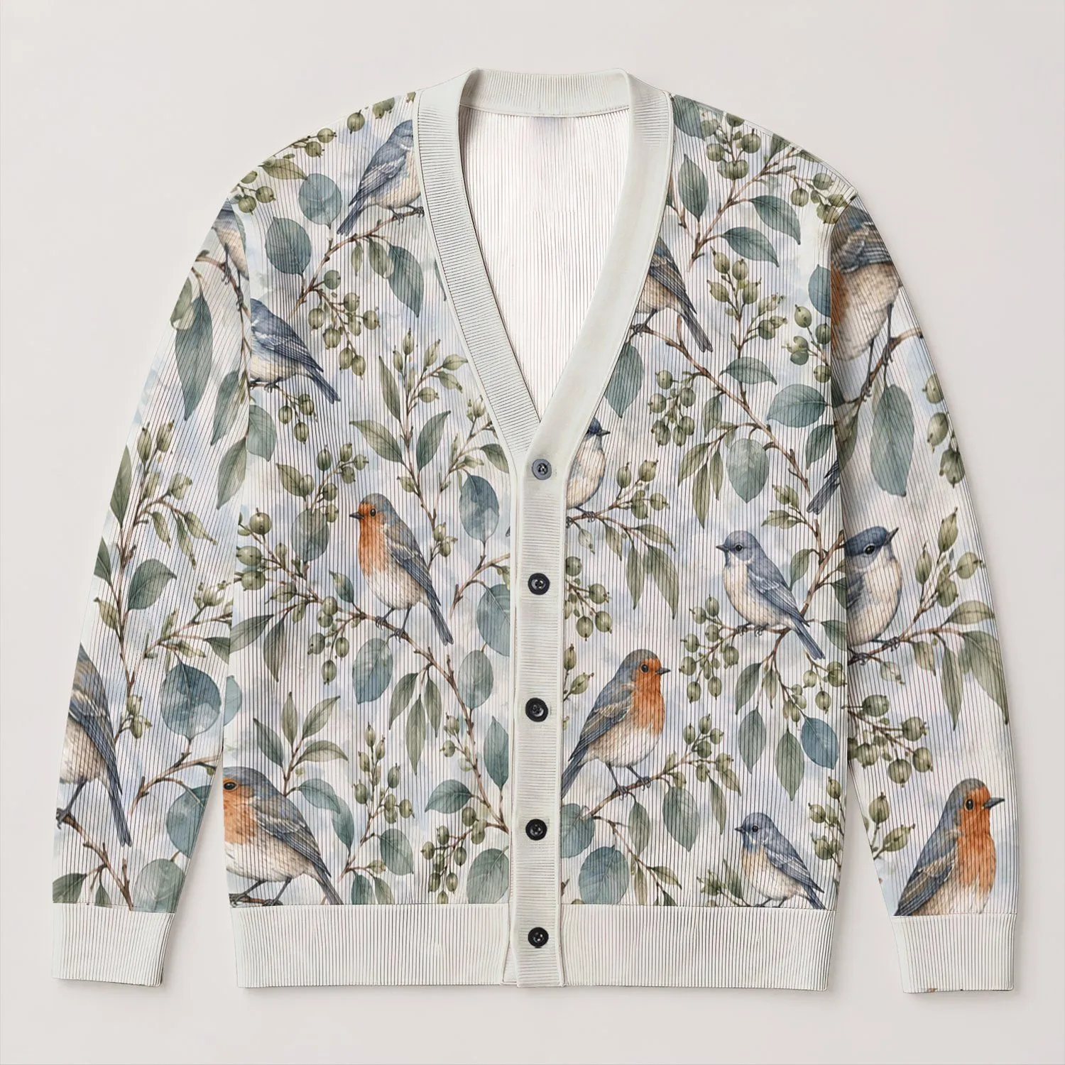 Robin Bird Woodland Foliage for Cozy Everyday Layering and Nature-Lover Weekend Style All-over Print Knitted Cardigan - 1