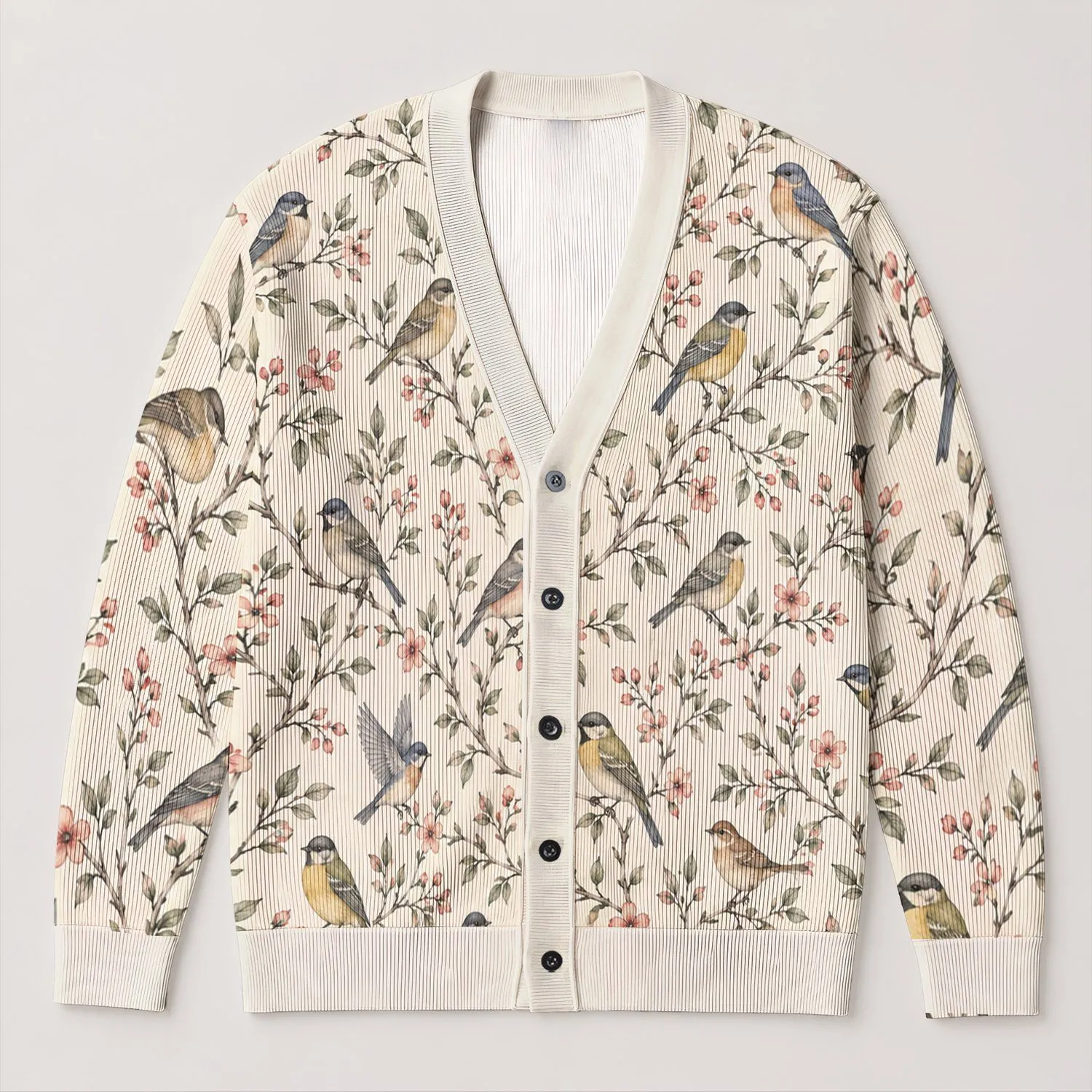 Watercolor Songbird Garden Charm for Holiday Gatherings and Cozy Everyday Layering All-over Print Knitted Cardigan - 1