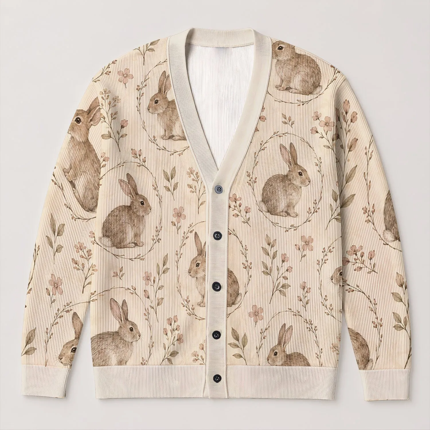 Brown Rabbit Meadow Motifs for Spring Getaways and Casual Layering, Nature Lovers All-over Print Knitted Cardigan - 1