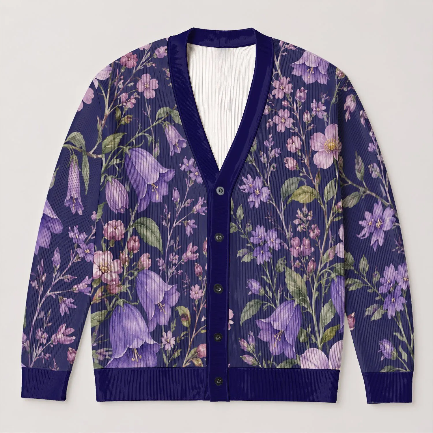 Lavender Floral Botanical Garden for Spring Vacations and Elegant Everyday Layering All-over Print Knitted Cardigan - 1