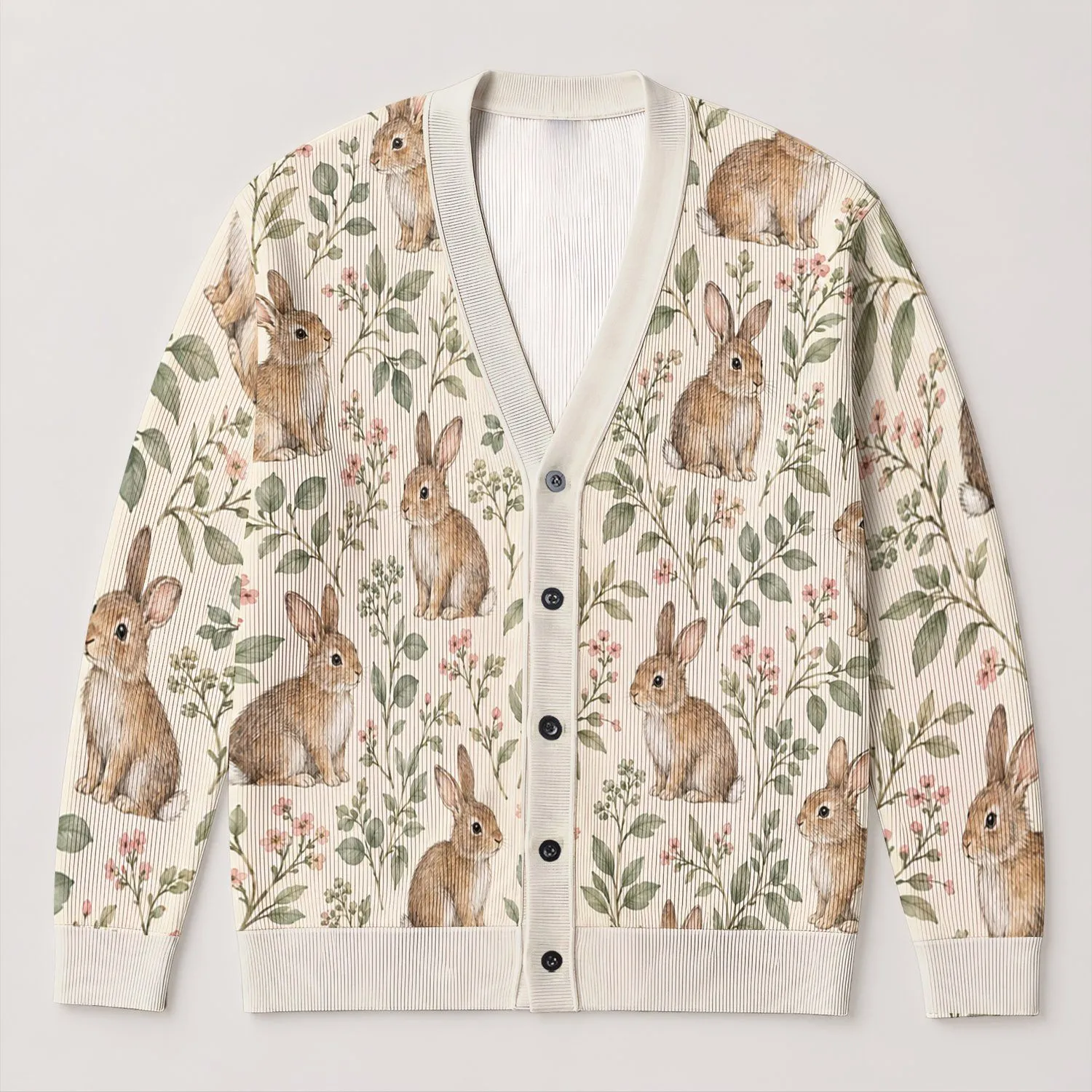 Woodland Rabbits And Botanical Sprigs For Cozy Everyday Layering, Women's Nature Gift All-over Print Knitted Cardigan - 1