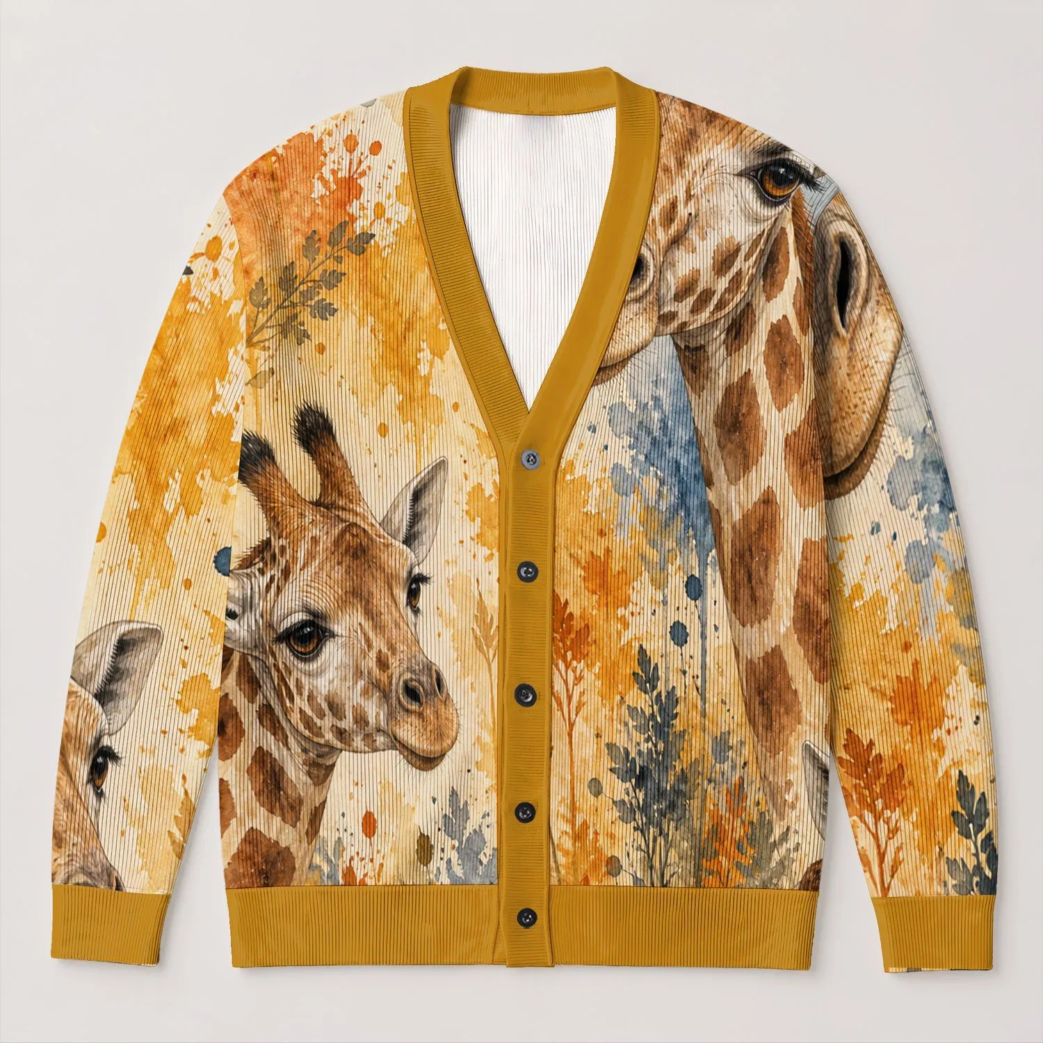 Watercolor Giraffe Portraits for Casual Bohemian Layering and Everyday Safari Style All-over Print Knitted Cardigan - 1