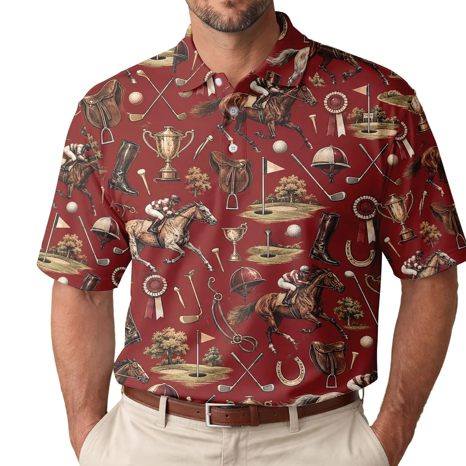 Horse Racing And Golf Jockey Motifs For Derby Days And Fairway Weekend Enthusiasts Men's Polo Shirt - 1