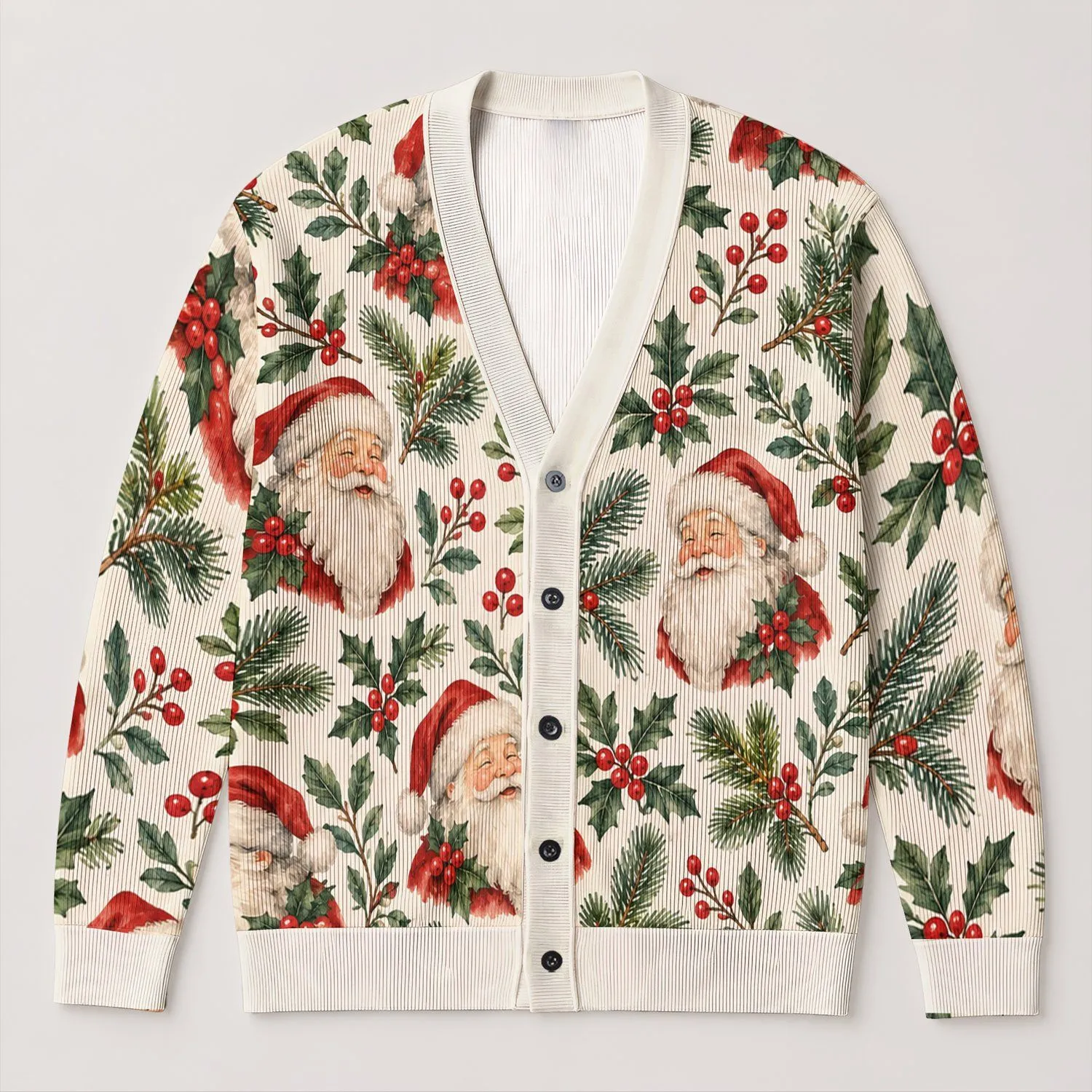 Santa Claus Holly Berry Holiday Style For Festive Everyday Layering And Gift Giving All-over Print Knitted Cardigan - 1