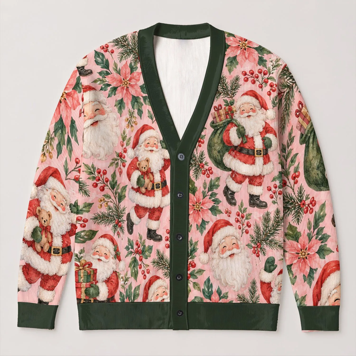 Santa Claus Botanical Holiday Cheer for Cozy Christmas Gatherings and Winter Wear All-over Print Knitted Cardigan - 1