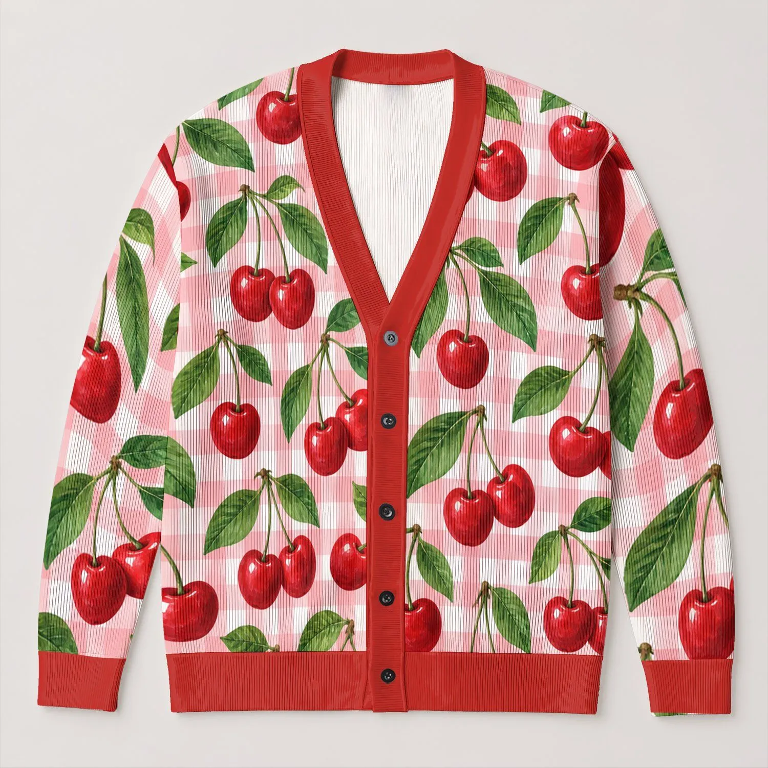 Red Cherry Botanical Motifs for Casual Layering and Weekend Style for Women Everywhere All-over Print Knitted Cardigan - 1
