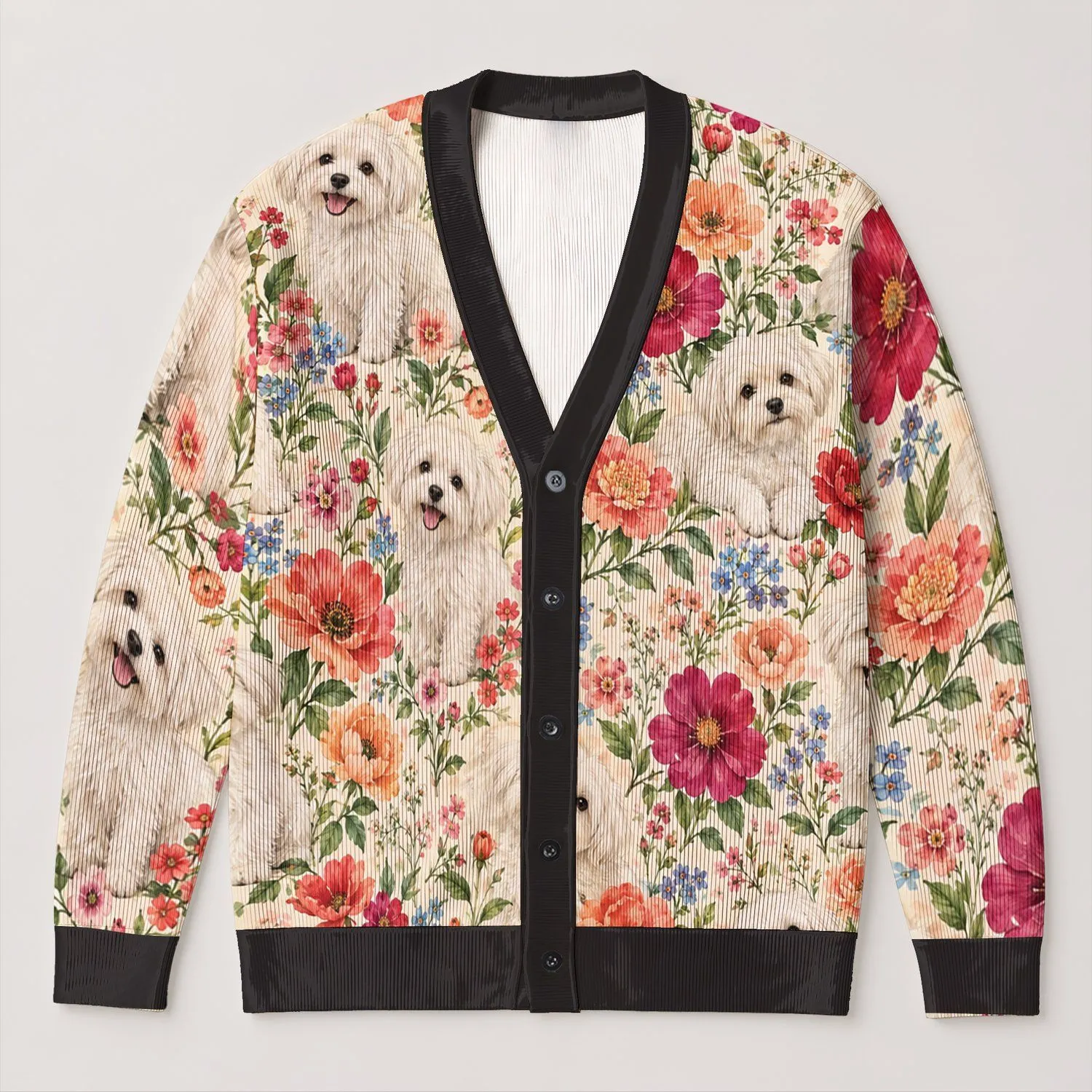 Shaggy White Dogs And Wildflowers For Cheerful Everyday Layering Gift For Dog Lovers All-over Print Knitted Cardigan - 1
