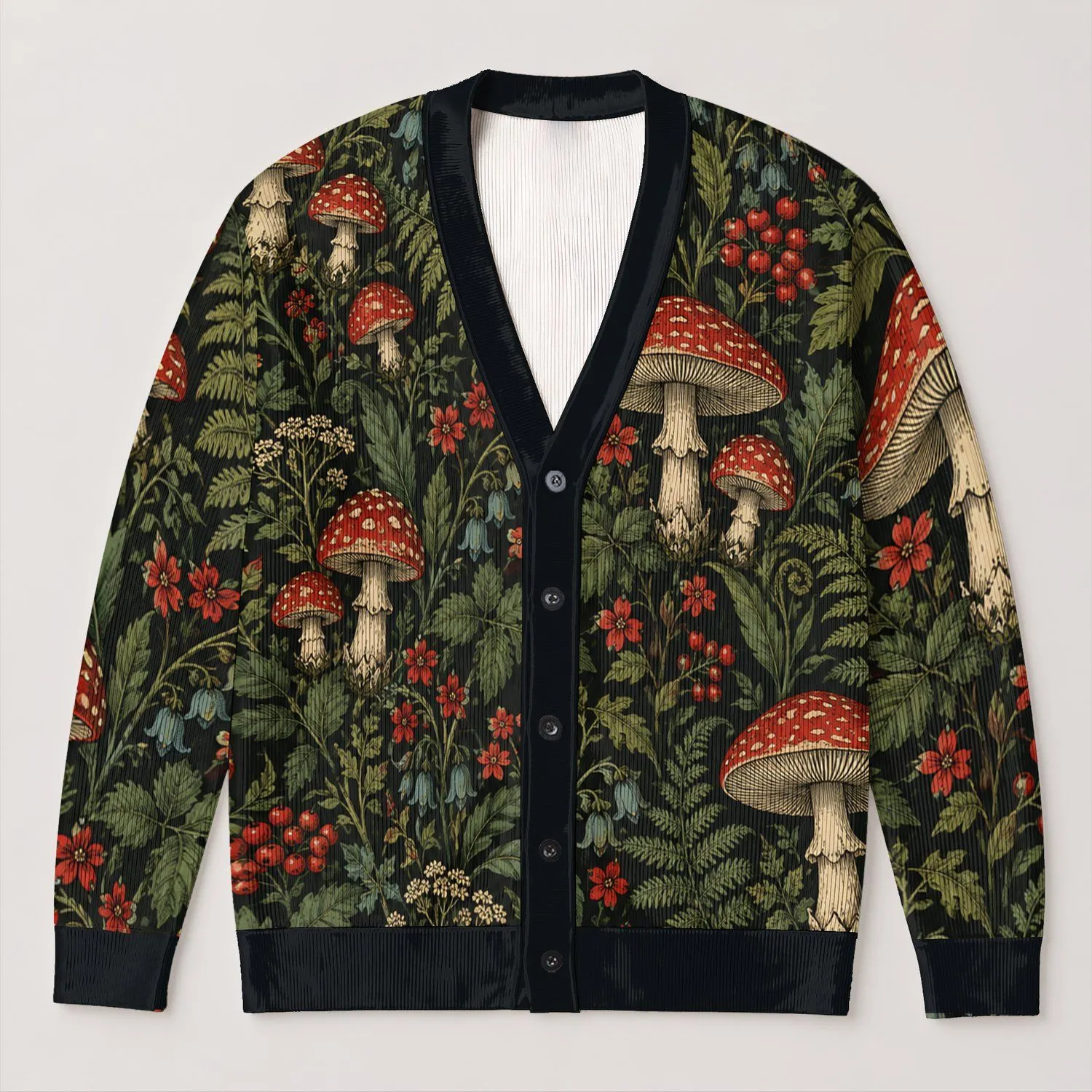Vintage Red Mushroom Botanical Foliage For Autumn Outings And Cottagecore Women Wear All-over Print Knitted Cardigan - 1