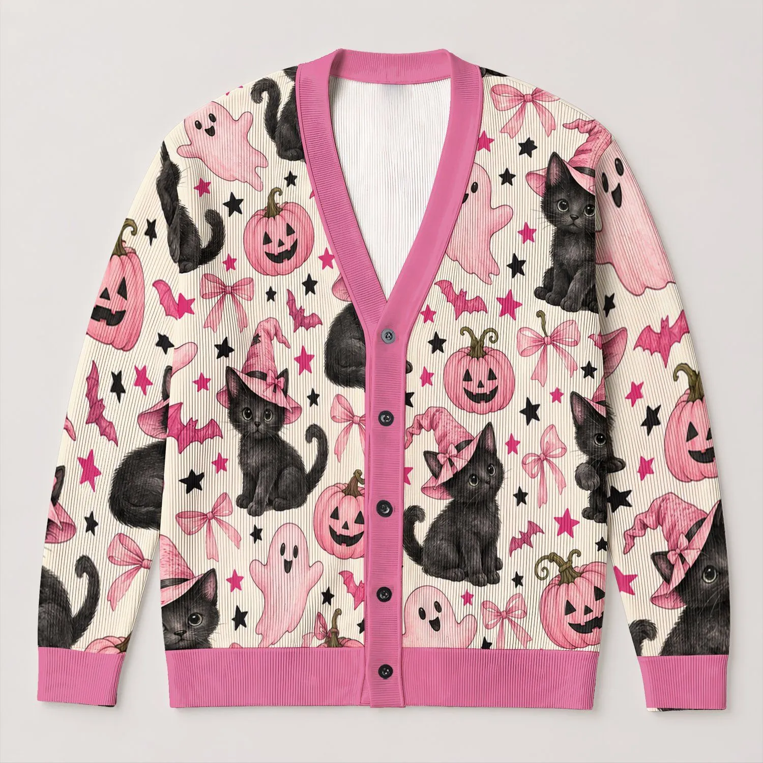 Pink Halloween Cats And Pumpkins For Cozy Autumn Layering Women's Everyday Style Looks All-over Print Knitted Cardigan - 1