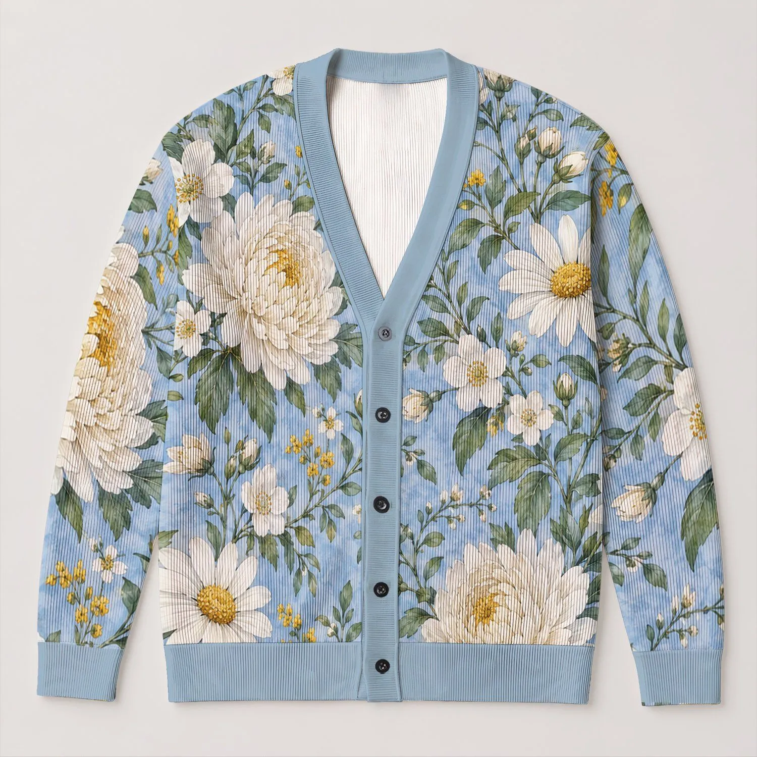 Blue Chrysanthemum Floral Garden Style For Everyday Layering And Weekend Outings All-over Print Knitted Cardigan - 1