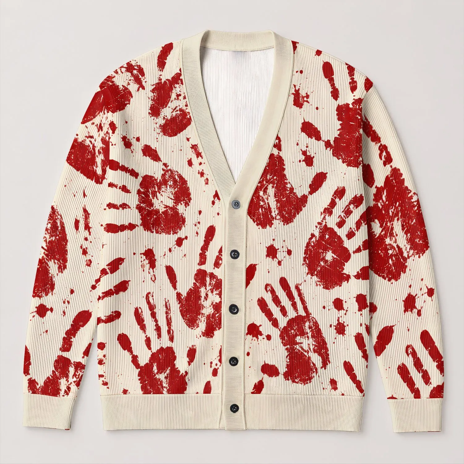 Red Handprint Halloween Style for Autumn Layering, Women's Spooky Casual Wear Look All-over Print Knitted Cardigan - 1