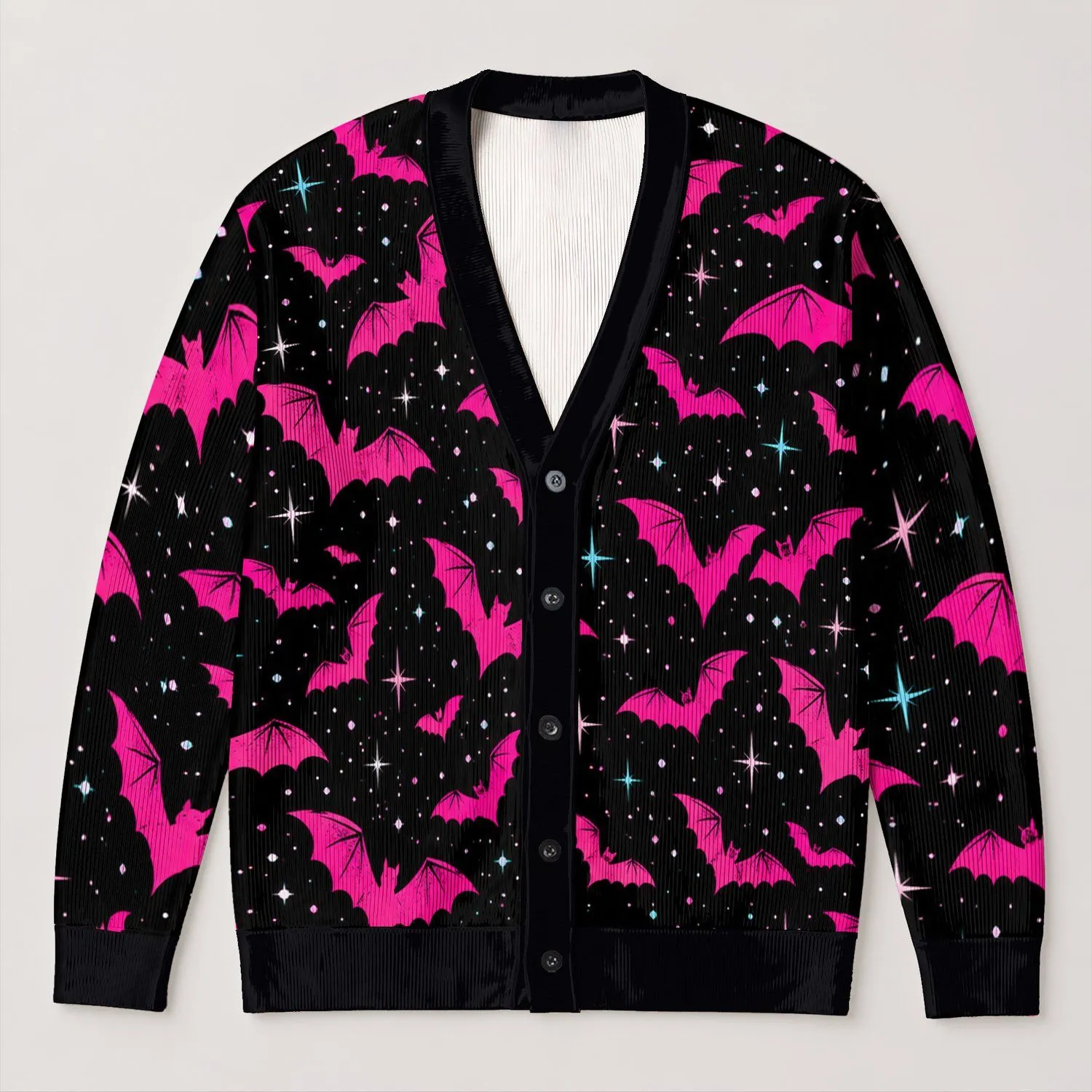 Bright Pink Bats Under Midnight Stars For Halloween Nights And Autumn Weekend Wear All-over Print Knitted Cardigan - 1