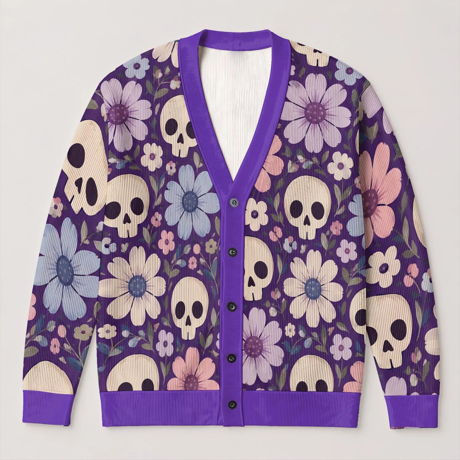 Purple Skull Flower Boho Motif for Relaxed Autumn Layering and Everyday Women's Style All-over Print Knitted Cardigan - 1