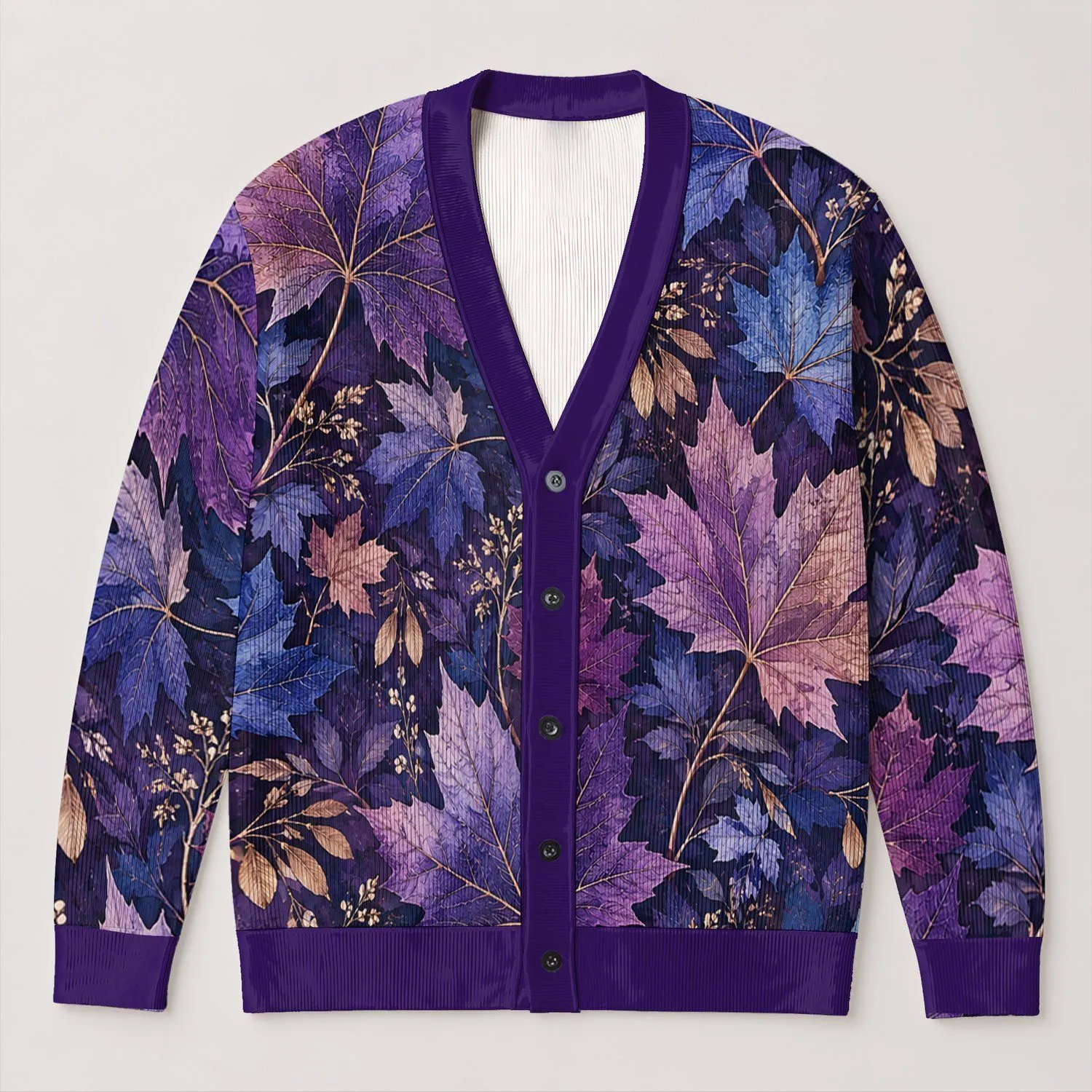 Purple Maple Leaves With Golden Accents For Autumn Strolls And Vacation Evenings, Women All-over Print Knitted Cardigan - 1