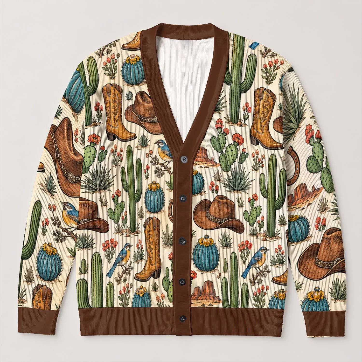 Western Cactus Cowboy Motif For Casual Ranch Days And Boho Weekend Style For Women All-over Print Knitted Cardigan - 1