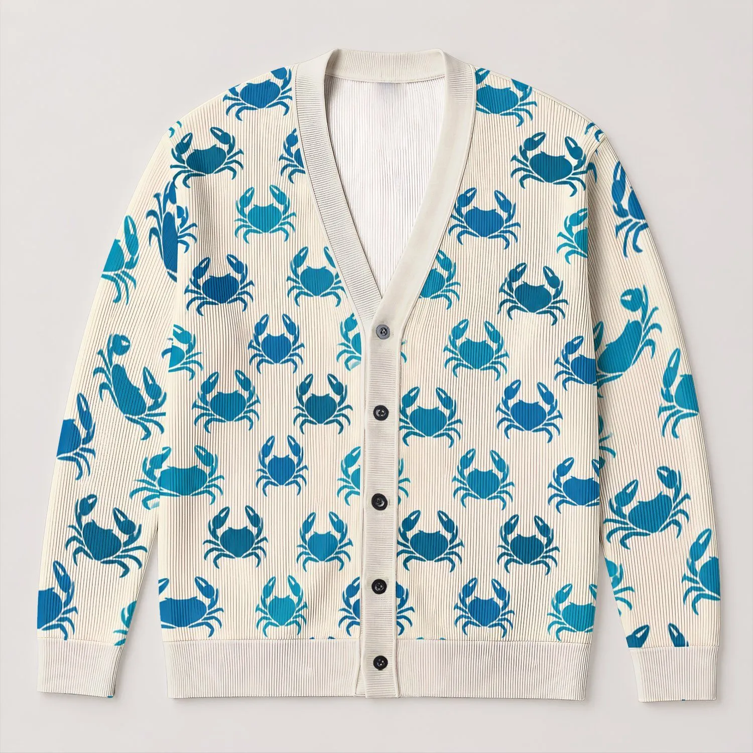 Blue Crab Coastal Motifs for Beach Days, Spring Layering, and Seaside Holiday Style All-over Print Knitted Cardigan - 1