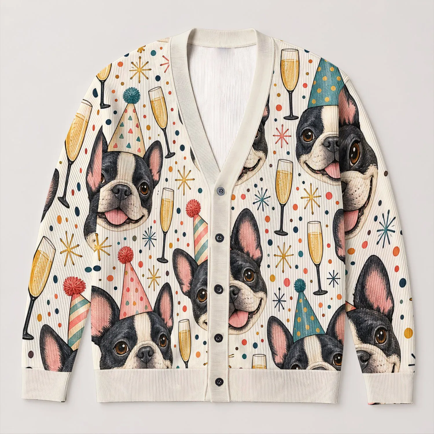 French Bulldog Party Hats And Champagne Toasts For Birthday Celebrations And Dog Lovers All-over Print Knitted Cardigan - 1
