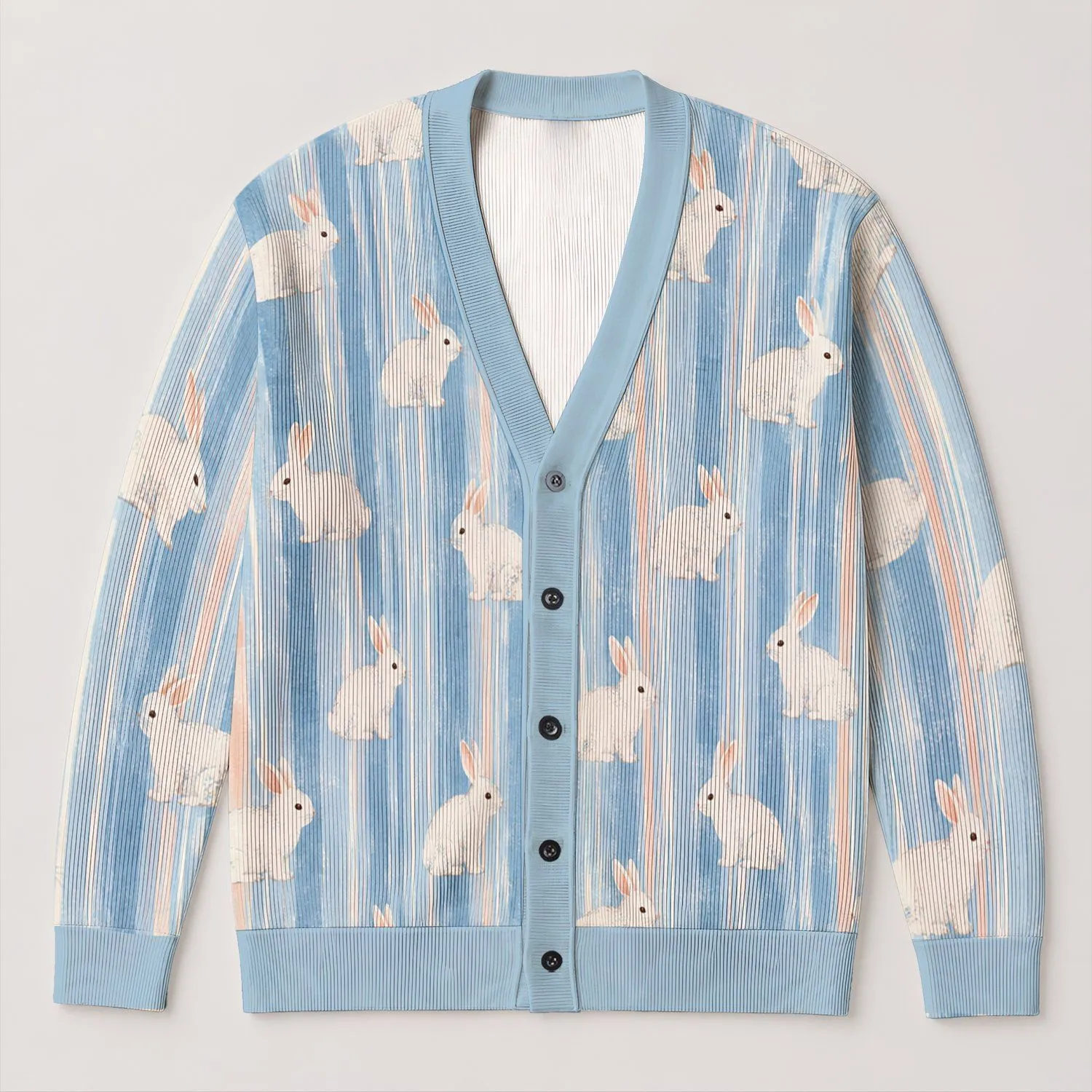 White Rabbit Blue Stripes for Spring Vacation Dates and Easy Everyday Layering Style All-over Print Knitted Cardigan - 1