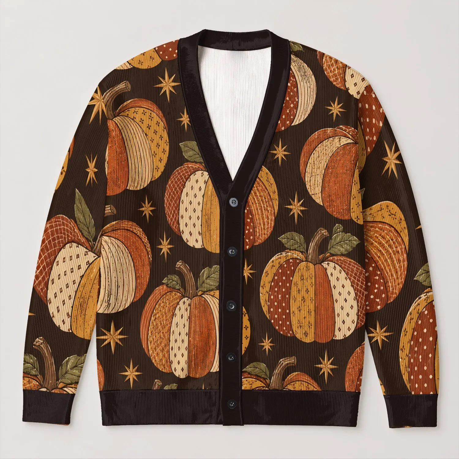 Patchwork Pumpkin Harvest Style For Autumn Gatherings And Everyday Boho Layering All-over Print Knitted Cardigan - 1