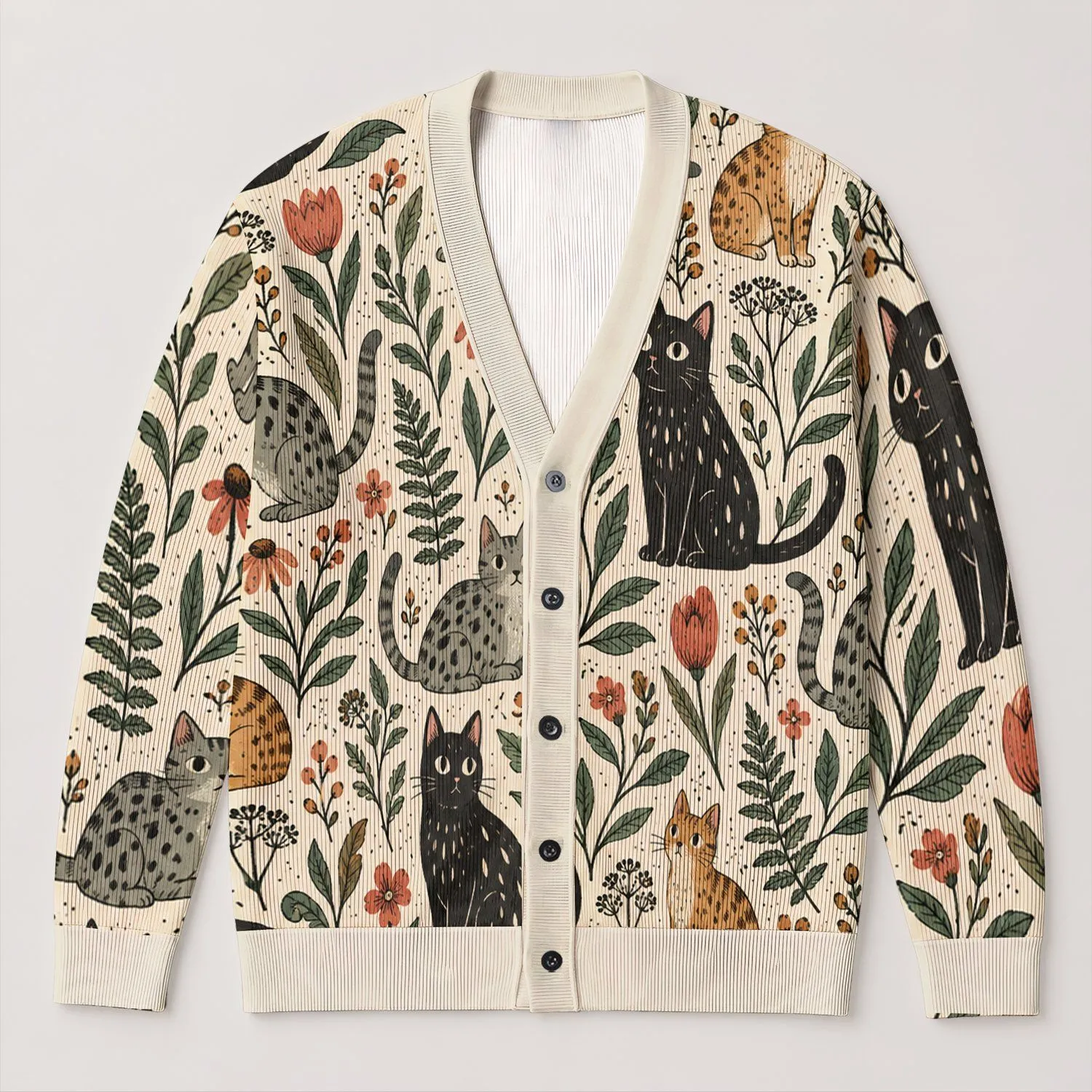 Whimsical Cat Botanical Motifs For Cozy Everyday Layering And Nature-Loving Women All-over Print Knitted Cardigan - 1