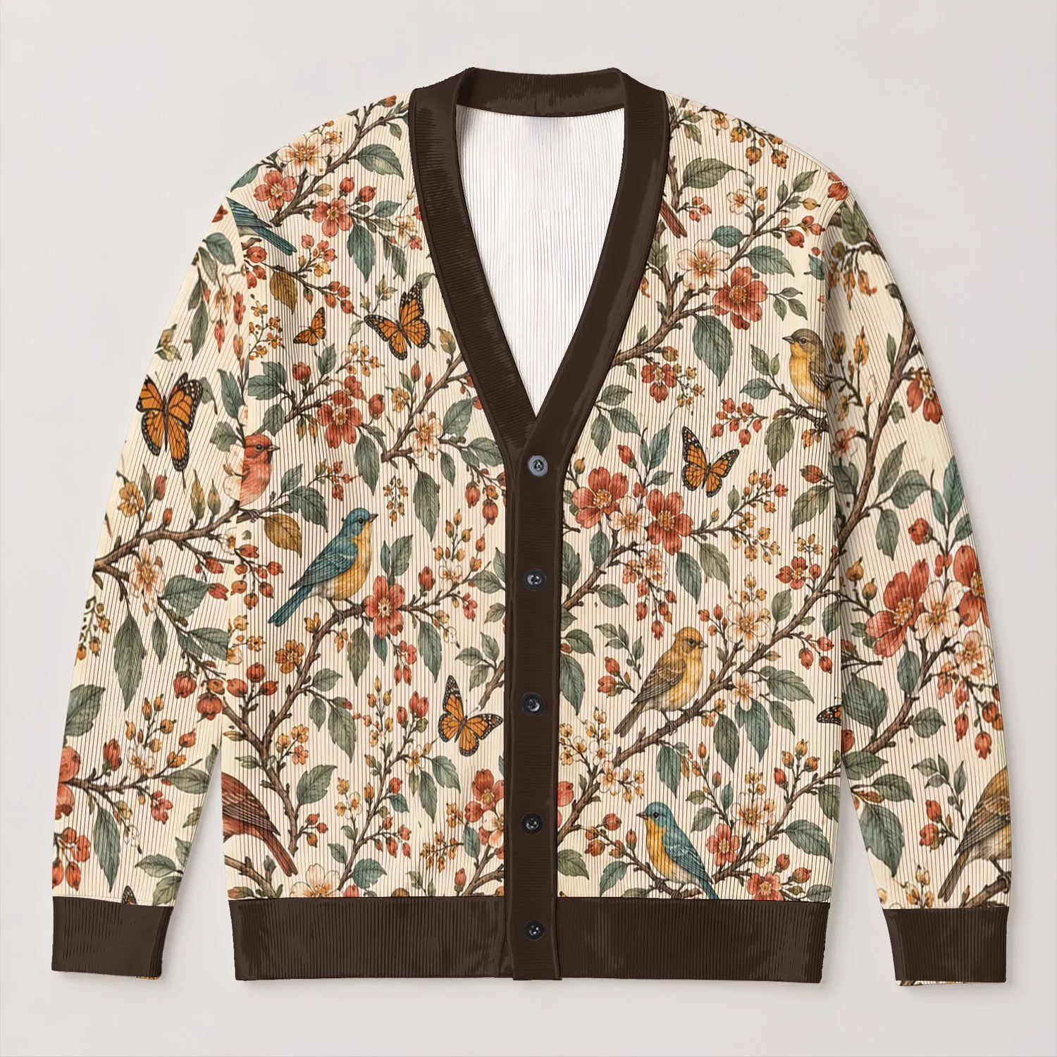 Vintage Bird Floral Garden Scene For Spring Layering And Everyday Boho Style For Women All-over Print Knitted Cardigan - 1