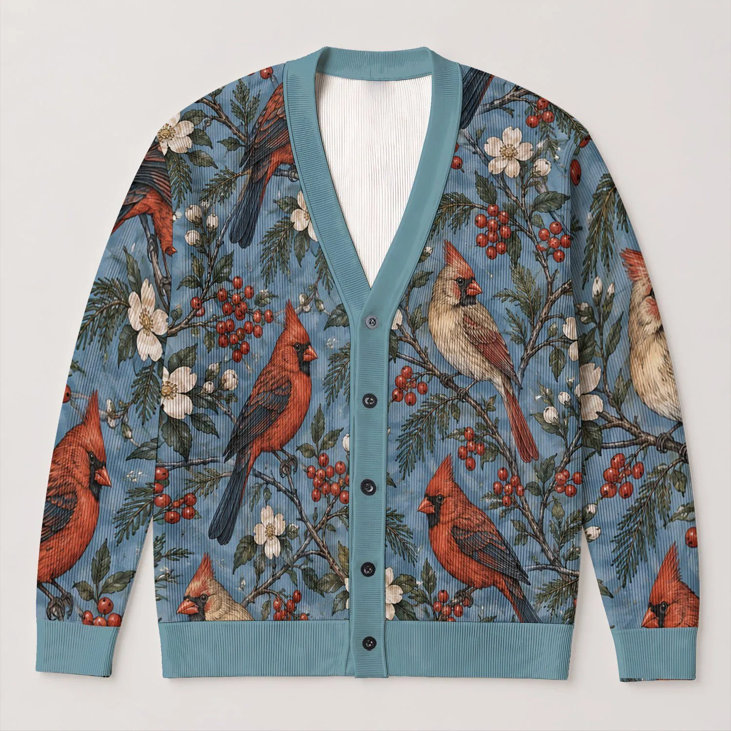 Red Cardinals and Berry Branches for Cozy Winter Layering and Holiday Nature Style All-over Print Knitted Cardigan - 1