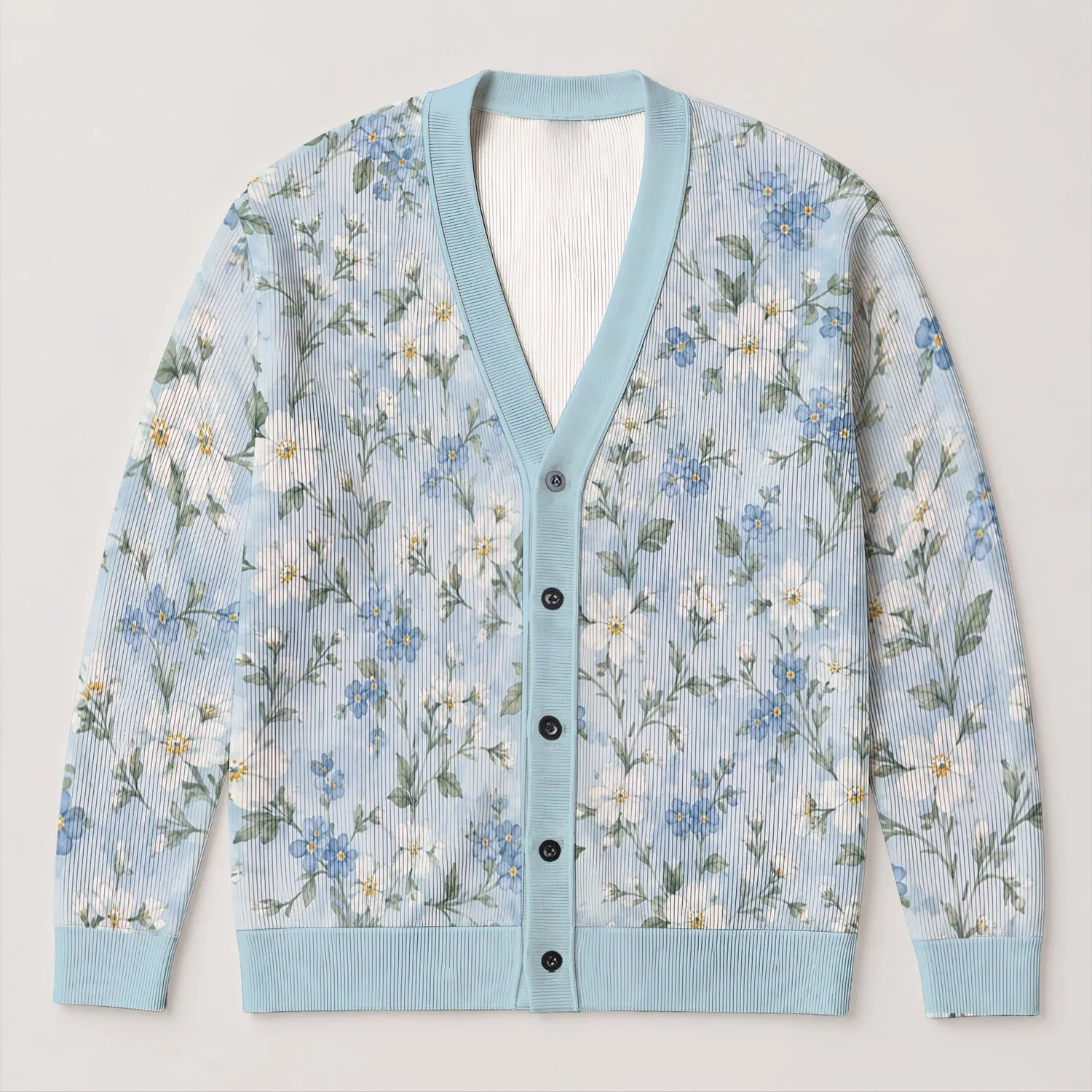 Pale Blue Wildflower Blooms for Soft Spring Layering and Everyday Casual Outfits All-over Print Knitted Cardigan - 1