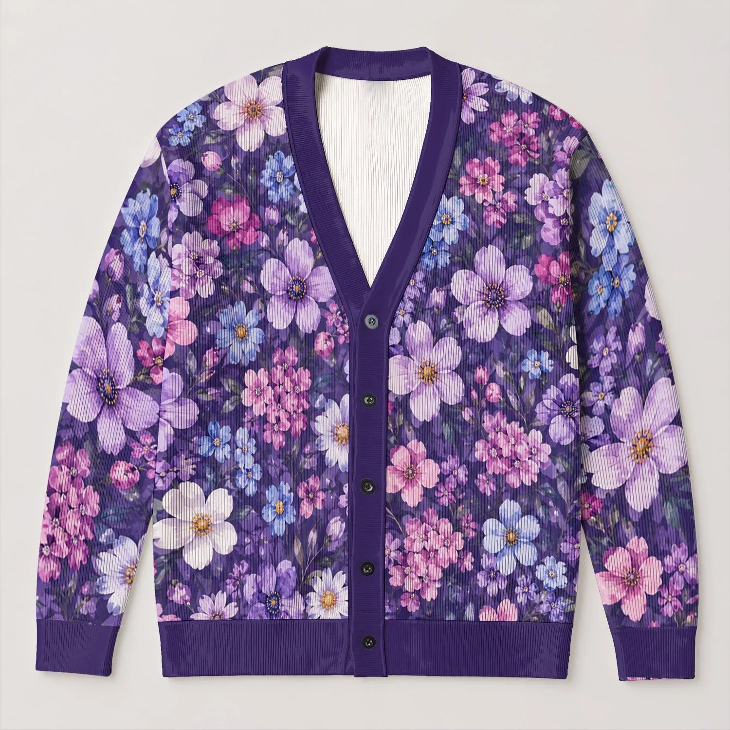 Lavender Floral Bloom Motif for Relaxed Vacation Layering and Everyday Women’s Style All-over Print Knitted Cardigan - 1