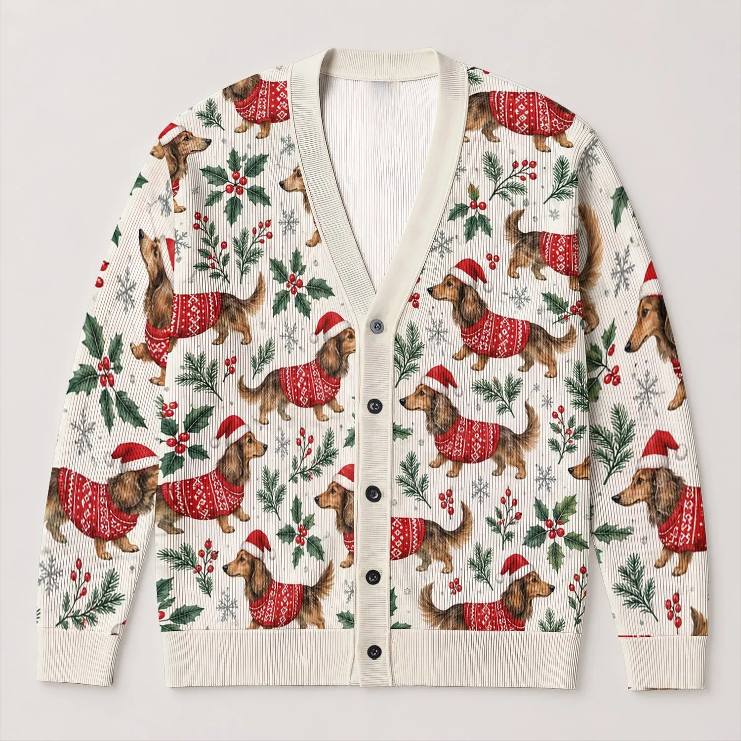 Christmas Dachshund Dogs in Red Sweaters for Festive Winter Layering, Dog Lovers All-over Print Knitted Cardigan - 1