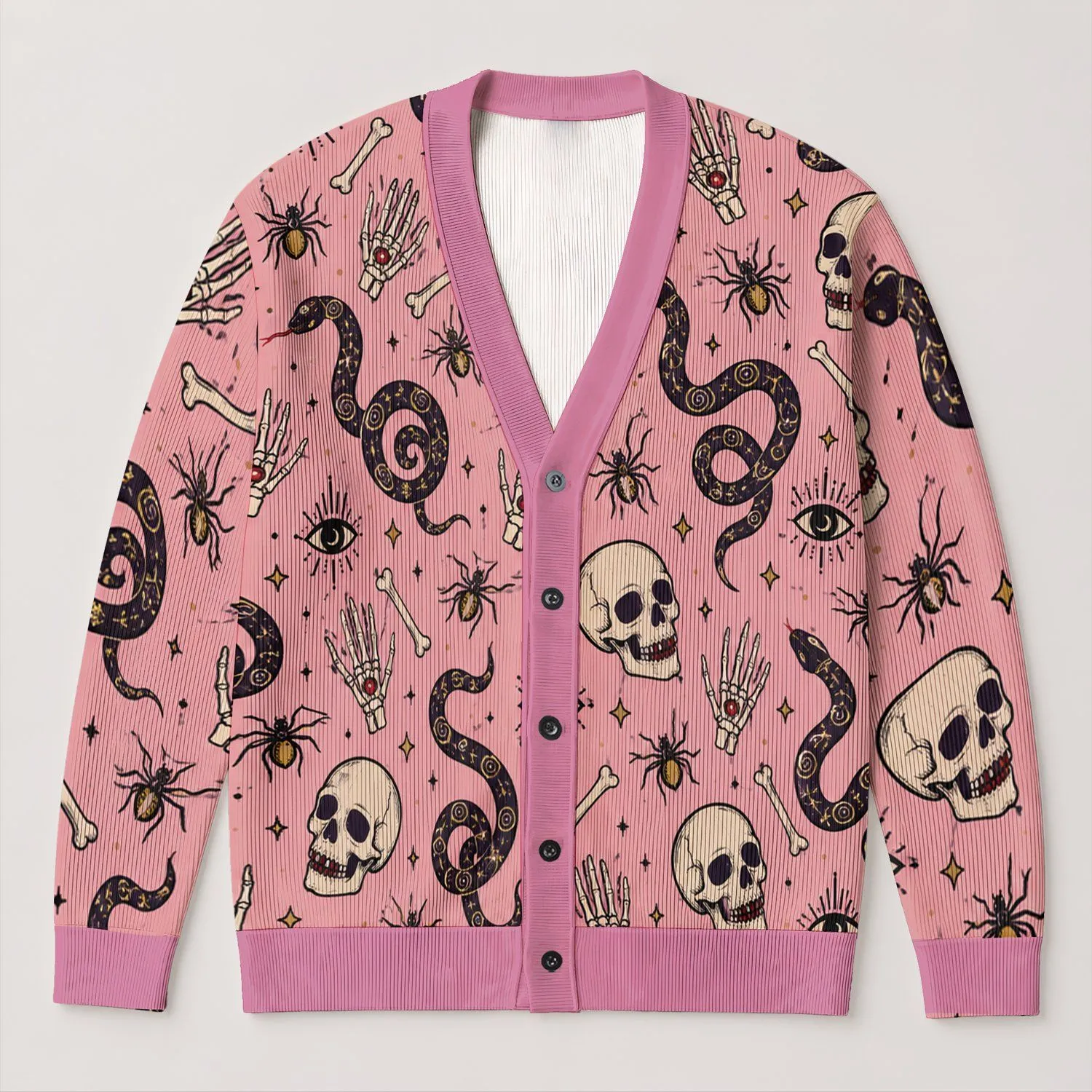Mystical Snake Skull and Gothic Eye Motifs for Autumn Layering, Women's Vacation Style All-over Print Knitted Cardigan - 1
