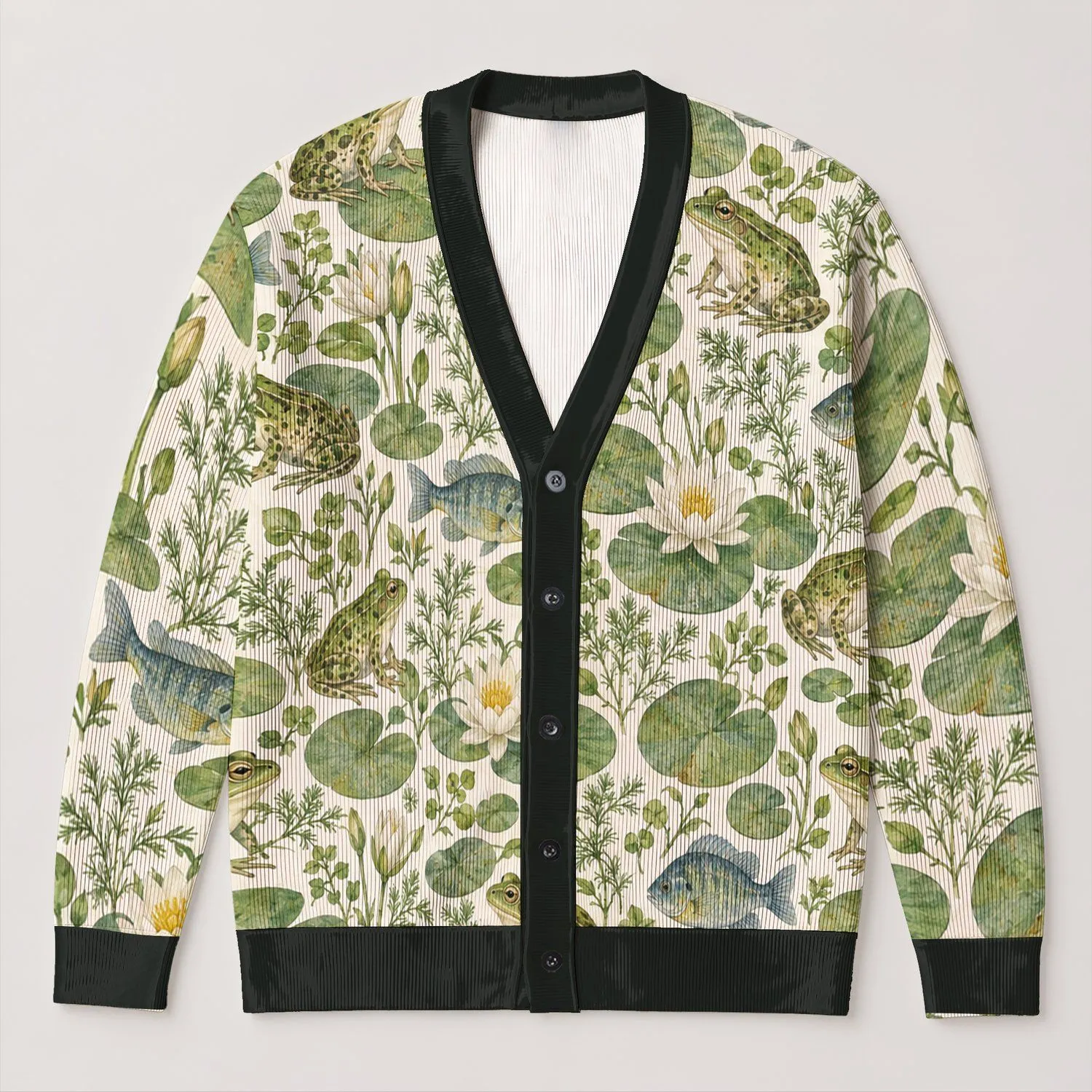 Watercolor Frogs, Fish And Lily Pads For Relaxed Nature-Loving Everyday Layering Style All-over Print Knitted Cardigan - 1