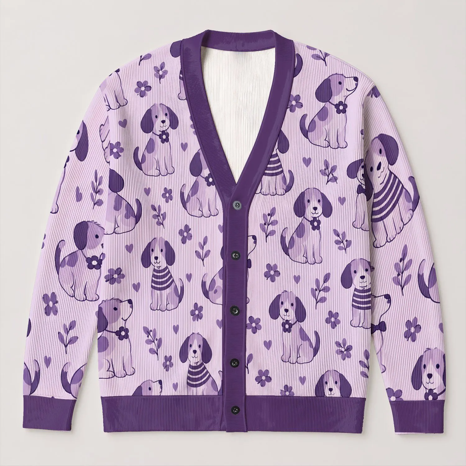 Purple Dog Motifs for Casual Spring Layering and Vacation Days, Dog Lovers Gift All-over Print Knitted Cardigan - 1