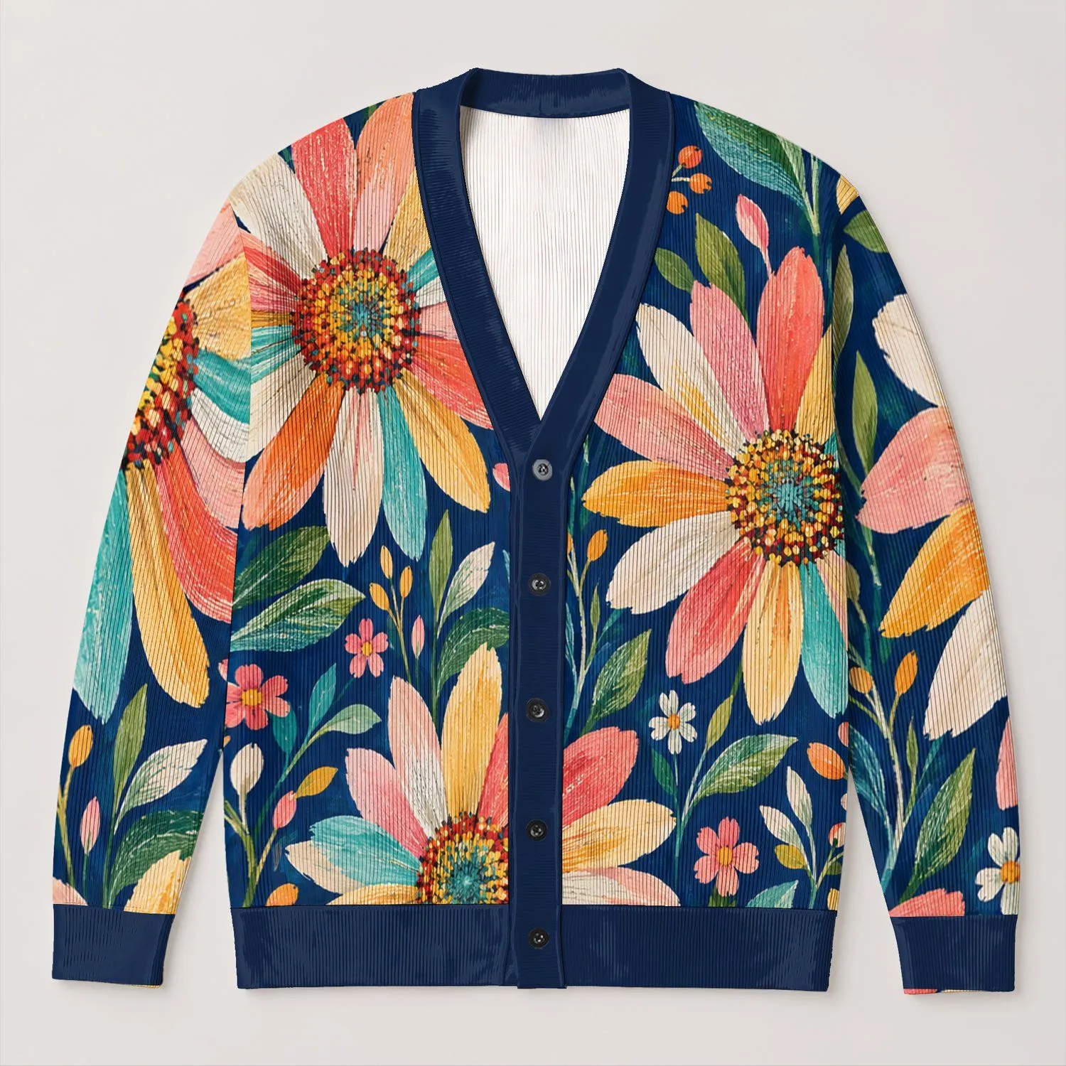 Colorful Wildflower Garden With Teal Leaves For Spring Layering And Everyday Style All-over Print Knitted Cardigan - 1