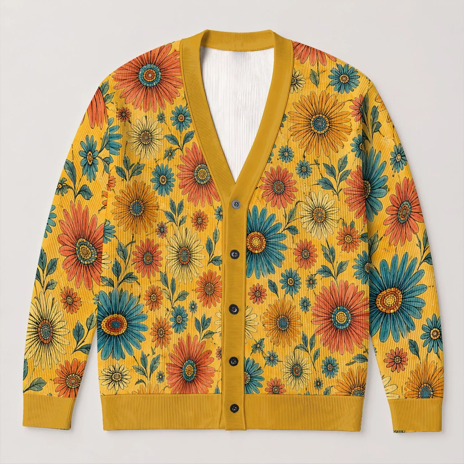 Sunburst Floral Blooms for Sunny Everyday Layering and Relaxed Gift Giving Style All-over Print Knitted Cardigan - 1