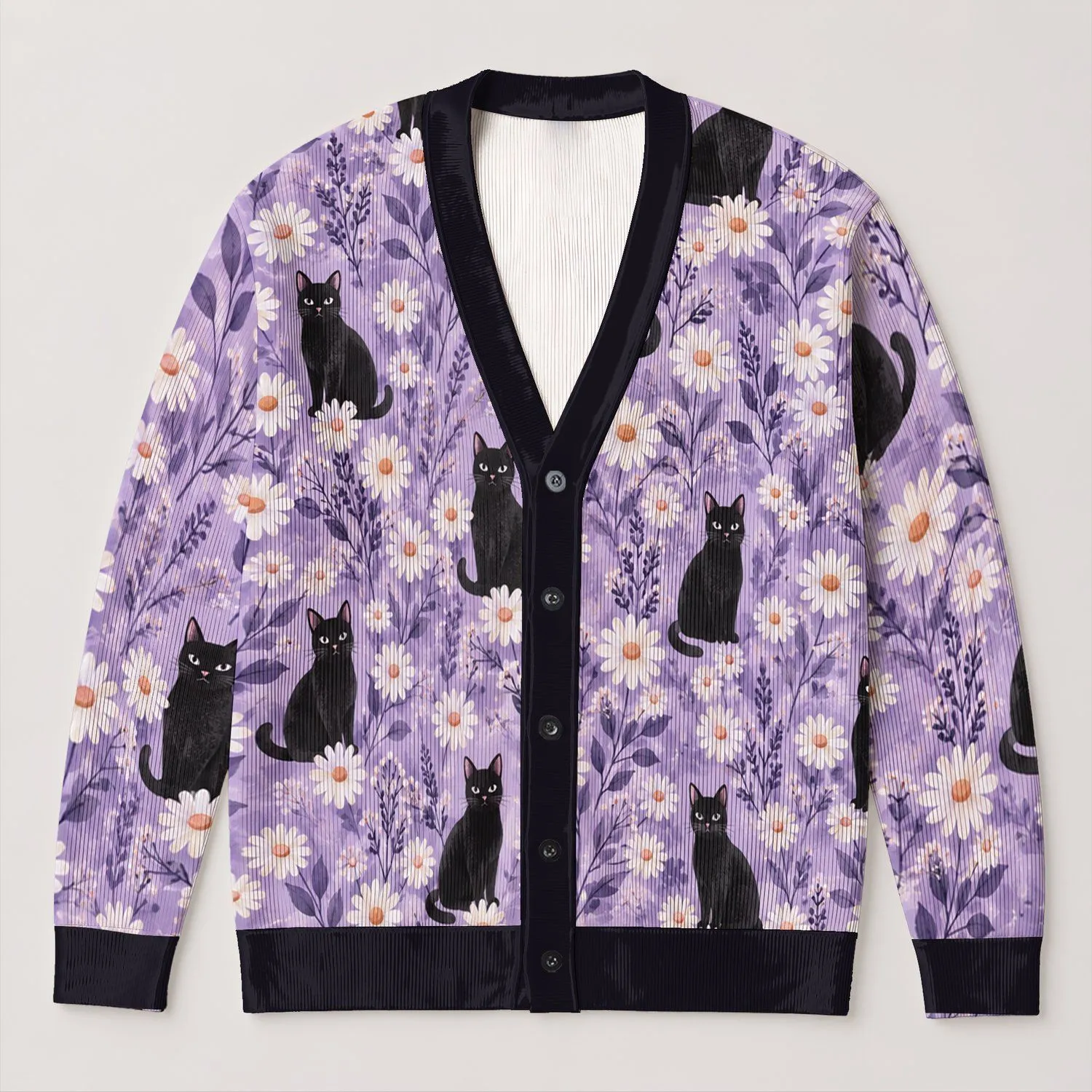 Black Cat Daisy Lavender Floral Motif for Spring Vacation and Everyday Weekend Wear All-over Print Knitted Cardigan - 1