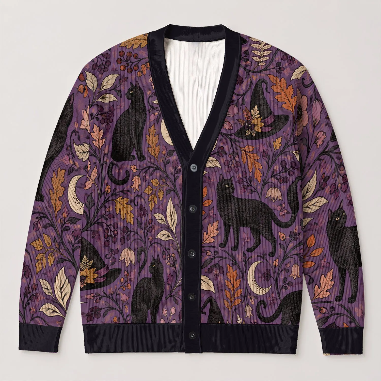 Vintage Gothic Cat And Moon Motifs For Autumn Layering, Witchy Everyday Style For Women All-over Print Knitted Cardigan - 1
