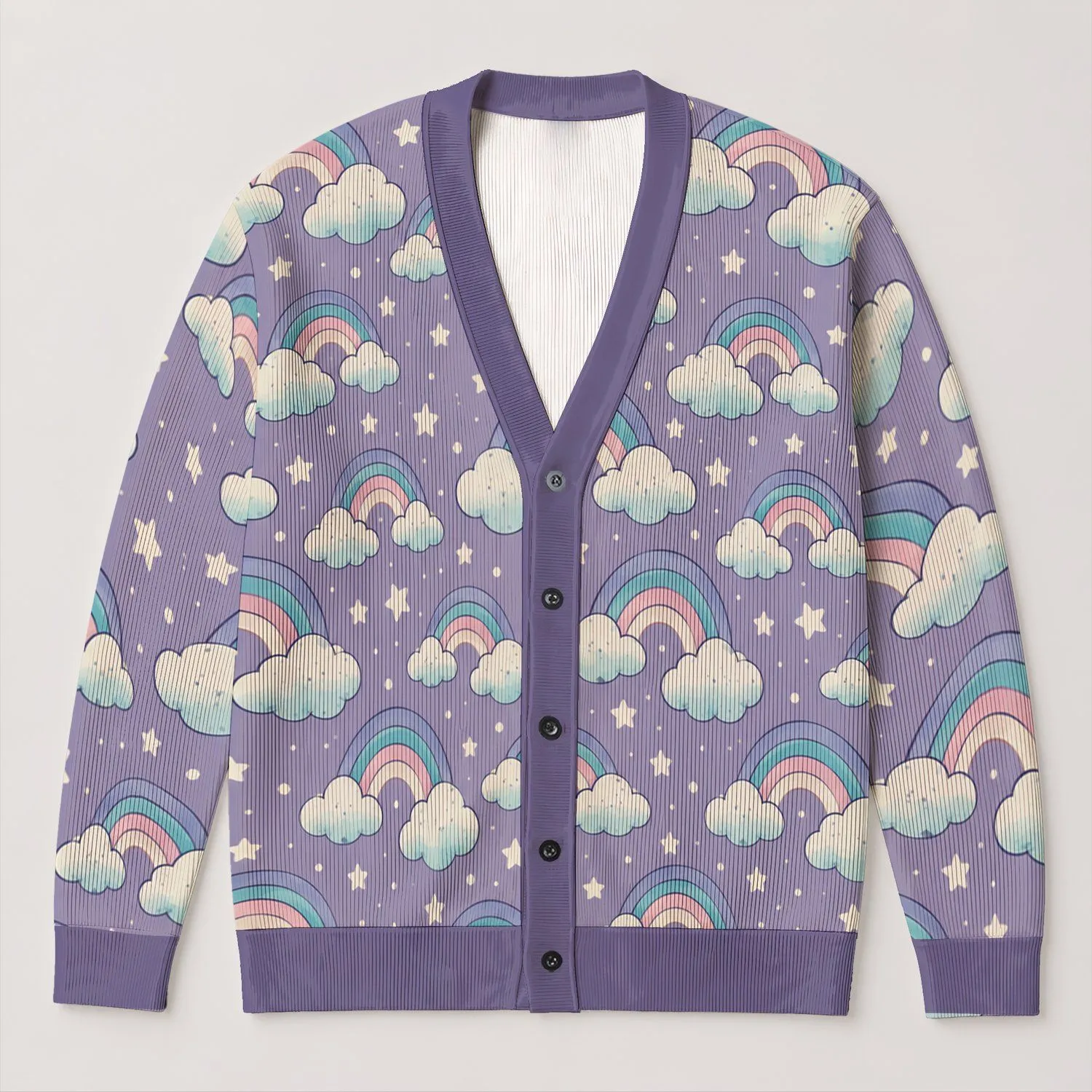 Pastel Rainbow Clouds for Cheerful Casual Layering in Fall and Winter Wear, Women All-over Print Knitted Cardigan - 1