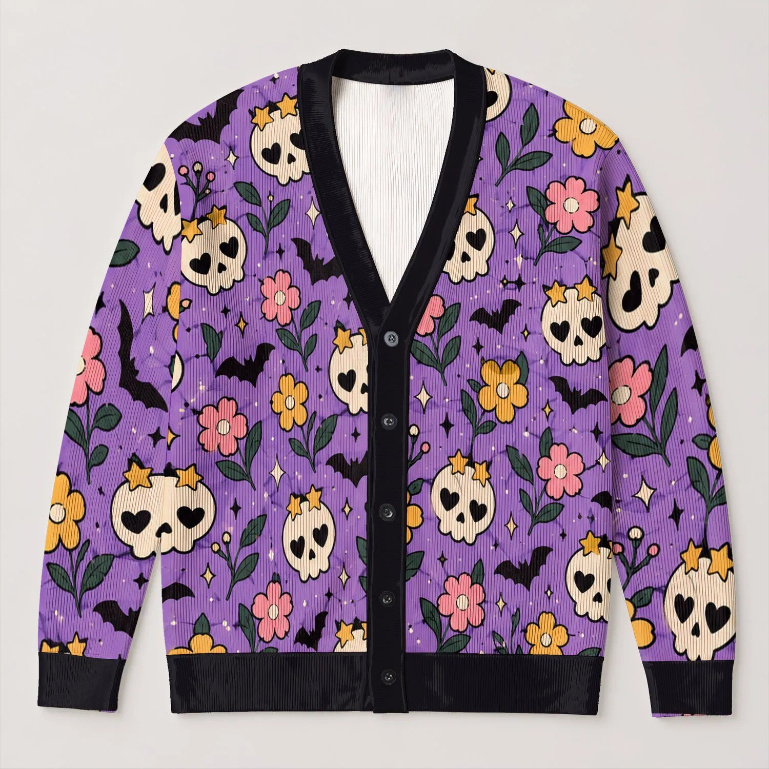 Cute Skull Bats And Flower Motifs For Playful Autumn Layering, Women's Gothic Style All-over Print Knitted Cardigan - 1