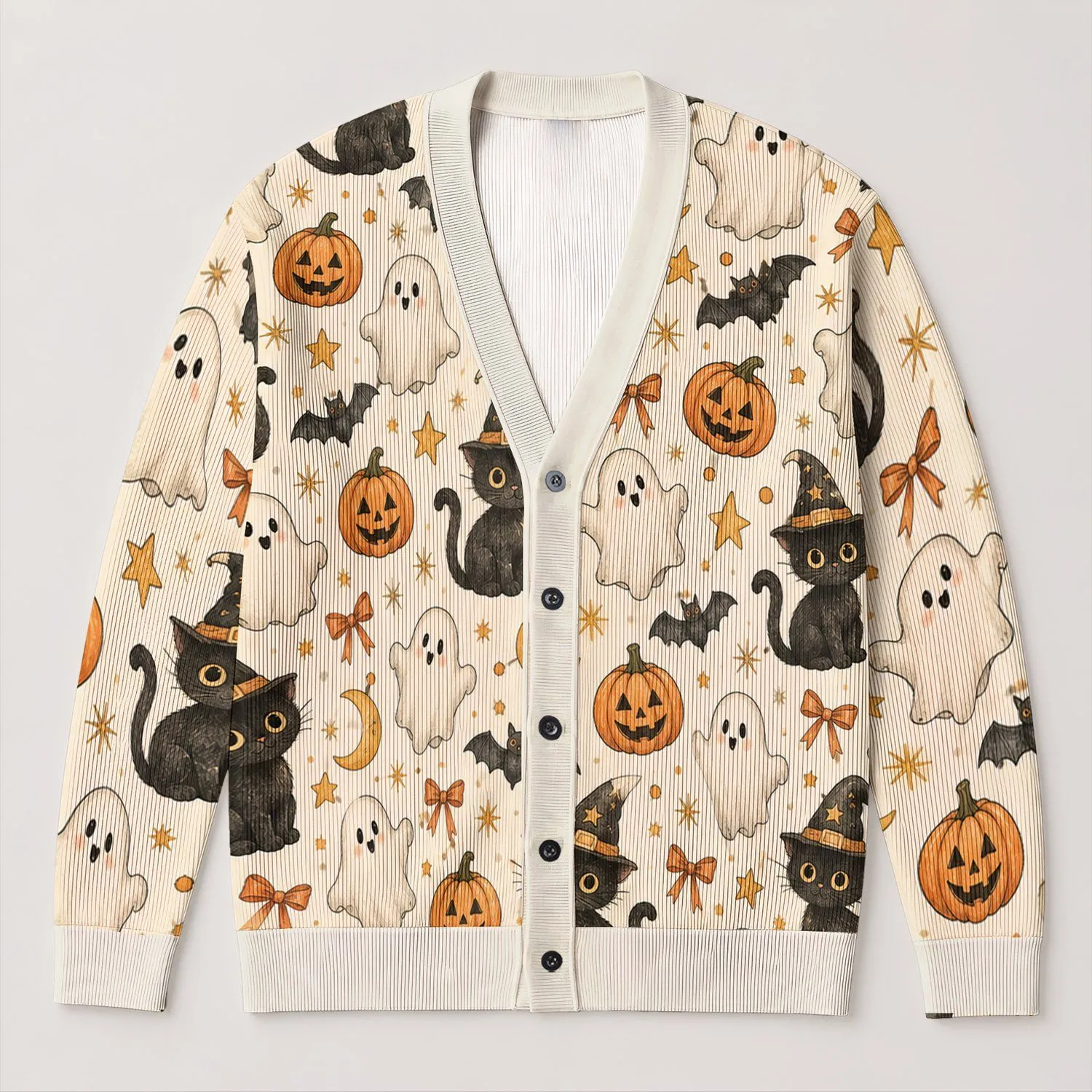 Black Cat Halloween Witch Motifs For Cozy Autumn Layering, Women's Gothic Style Wear All-over Print Knitted Cardigan - 1