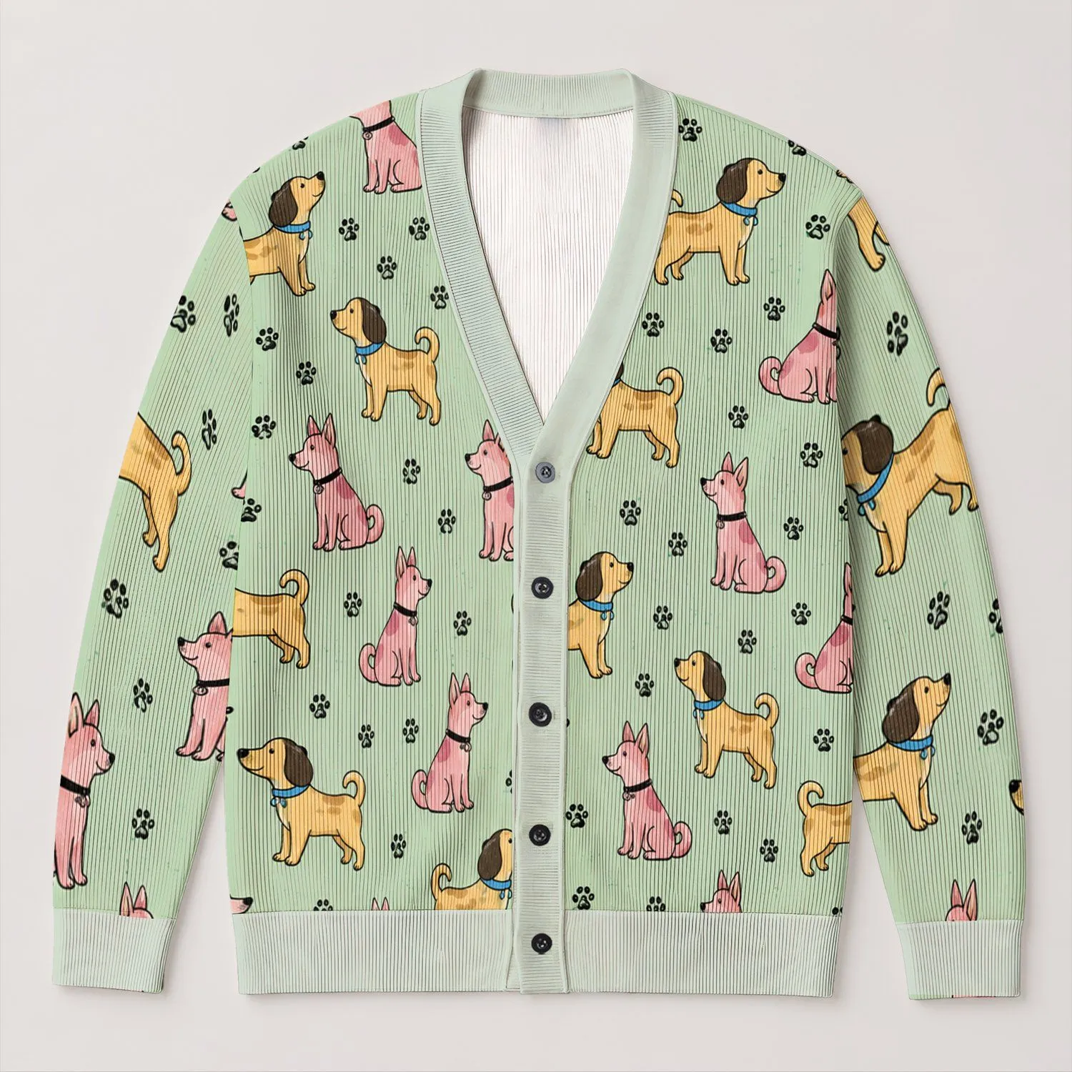 Playful Yellow And Pink Dog Motif For Spring Outings And Casual Everyday Style All-over Print Knitted Cardigan - 1