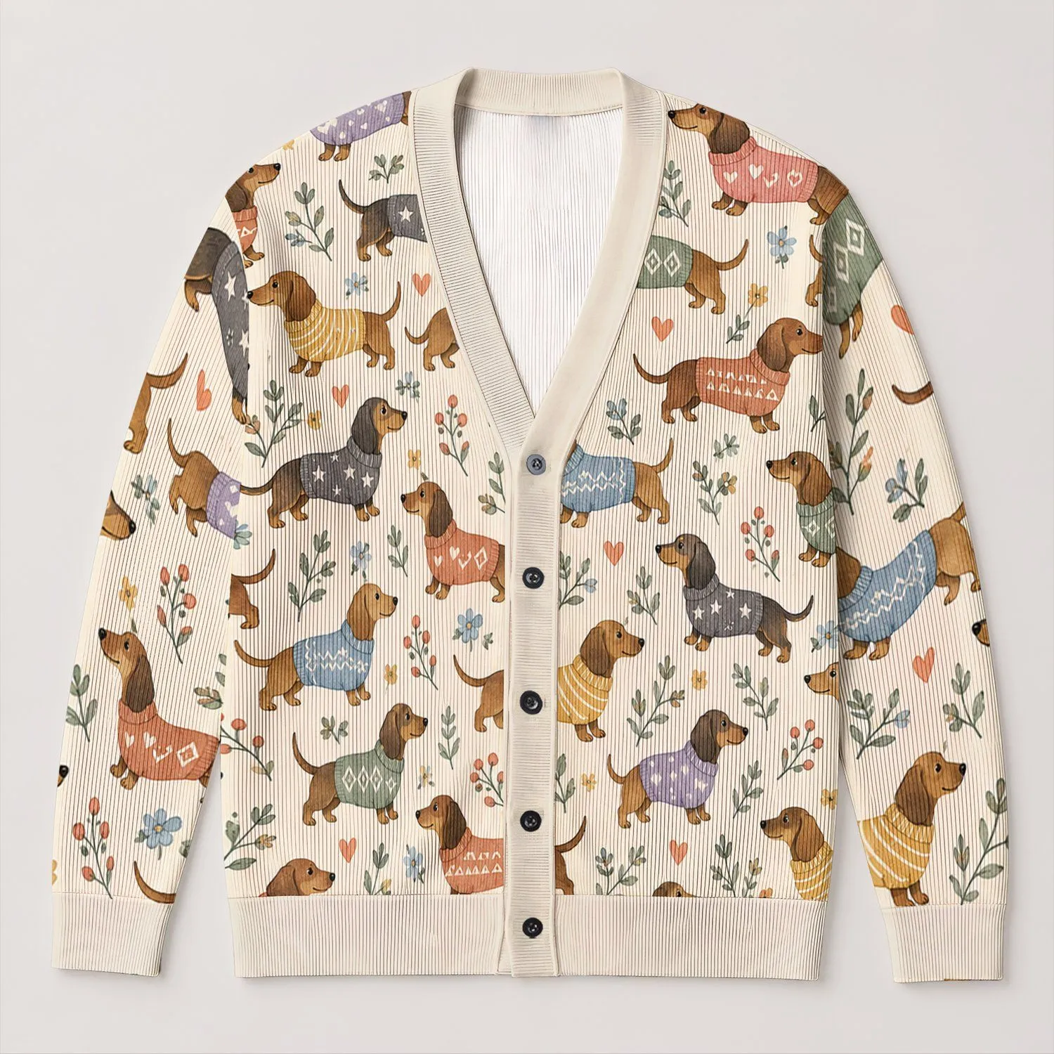 Playful Dachshund Dogs For Cozy Weekend Layering And Everyday Casual Outfits For Dog Lovers All-over Print Knitted Cardigan - 1