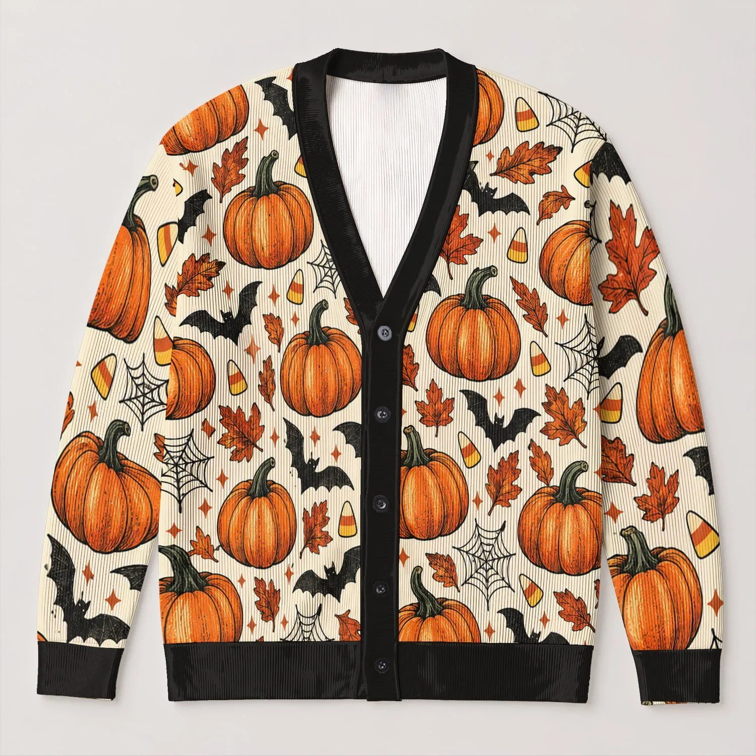 Pumpkin Bat Halloween Motifs for Cozy Autumn Layering, Women's Seasonal Style All-over Print Knitted Cardigan - 1