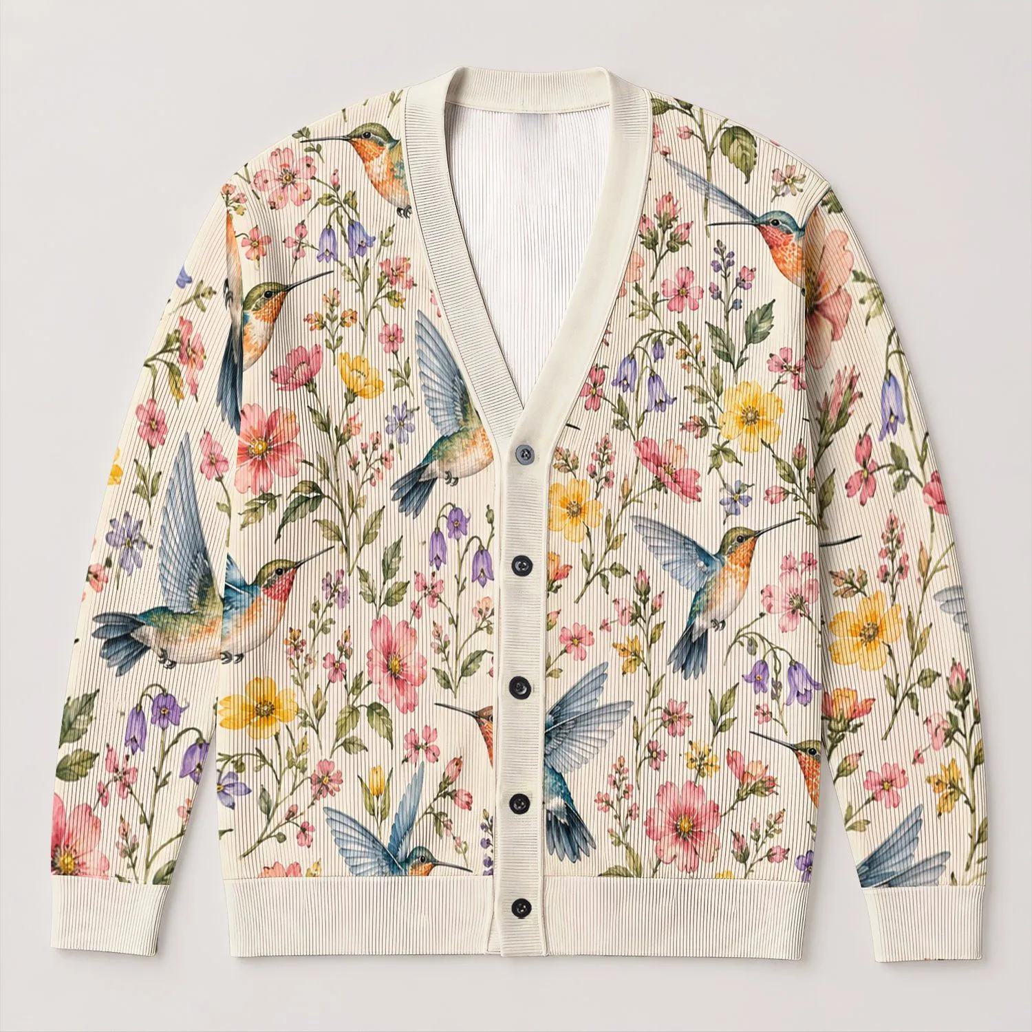 Colorful Hummingbird Floral Motif for Spring Vacation Style and Everyday Elegance All-over Print Knitted Cardigan - 1