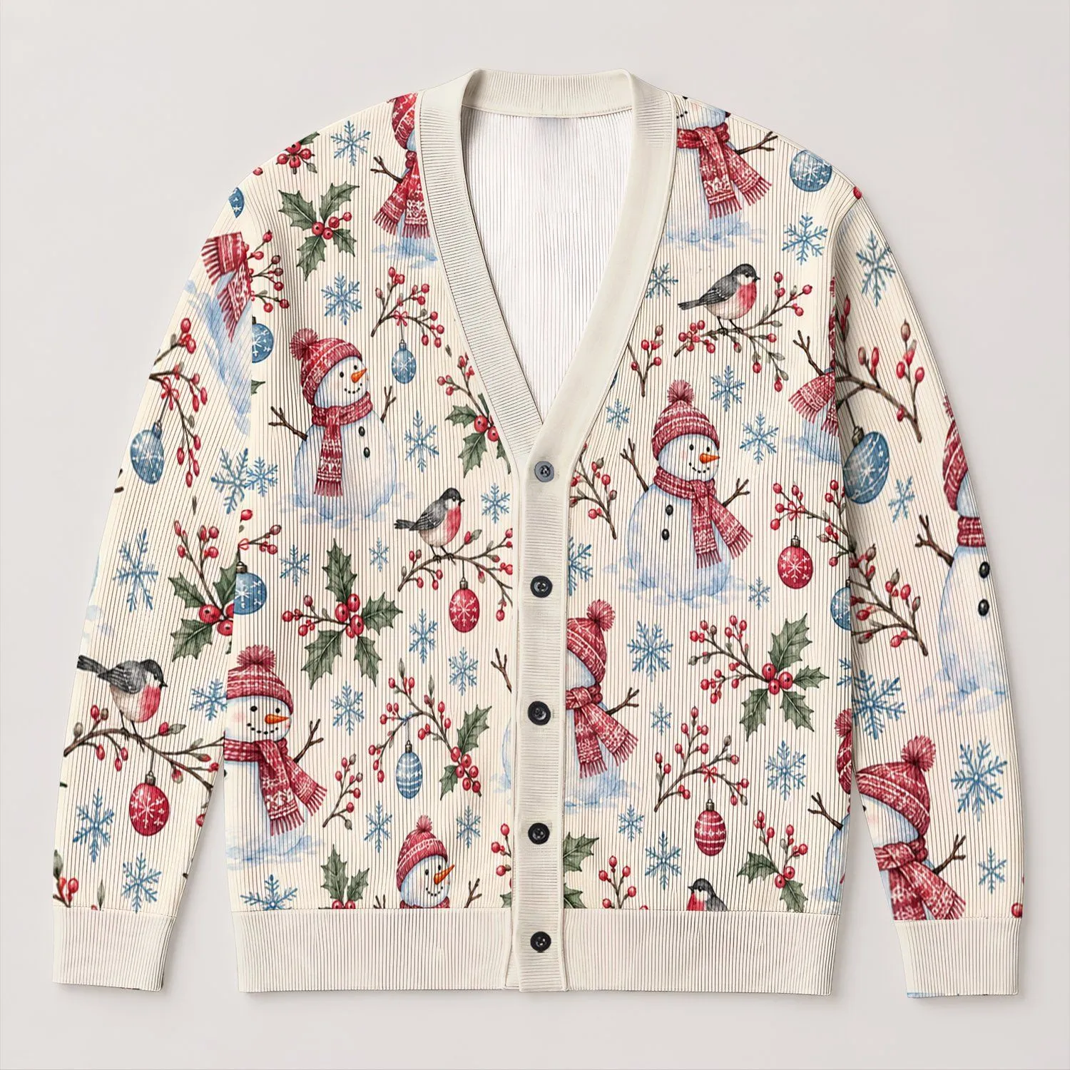 Watercolor Snowman Holiday Motifs for Cozy Winter Layering and Festive Everyday Wear All-over Print Knitted Cardigan - 1