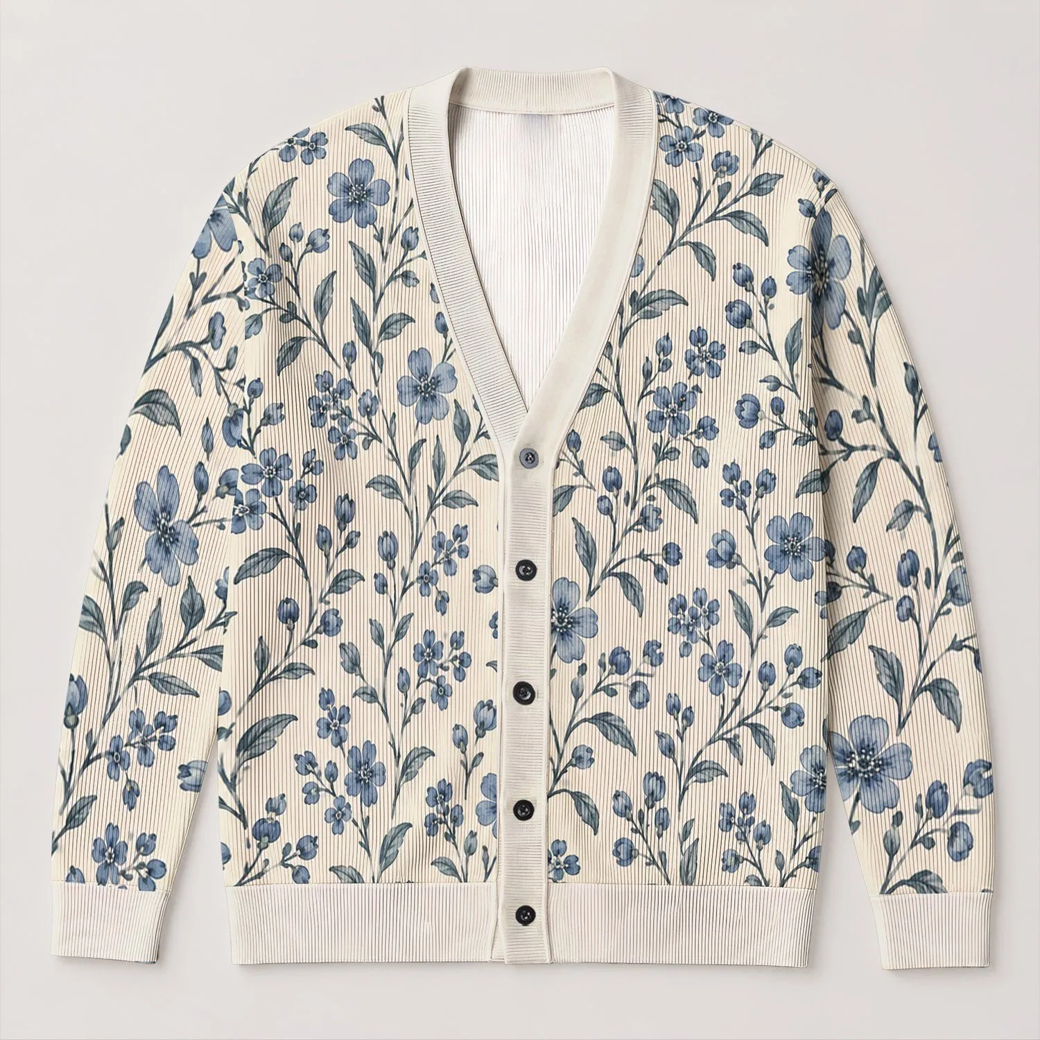 Blue Botanical Blossoms for Everyday Layering and Casual Weekend Style for Women, Giftable All-over Print Knitted Cardigan - 1